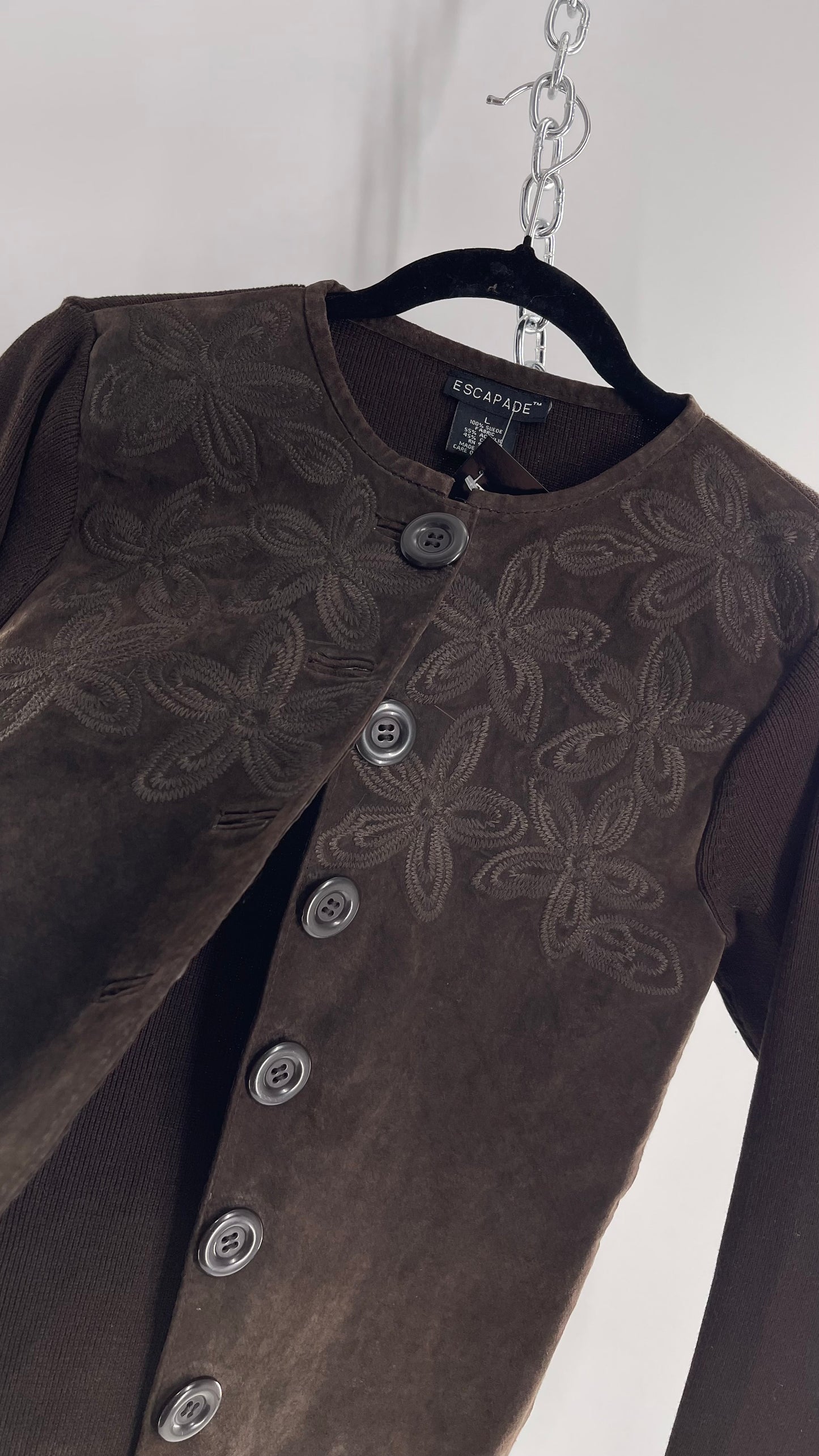 ESCAPADE Vintage 1990s Dark Brown Suede Vest with Knit Sleeves and Embroidered Flowers (Large)