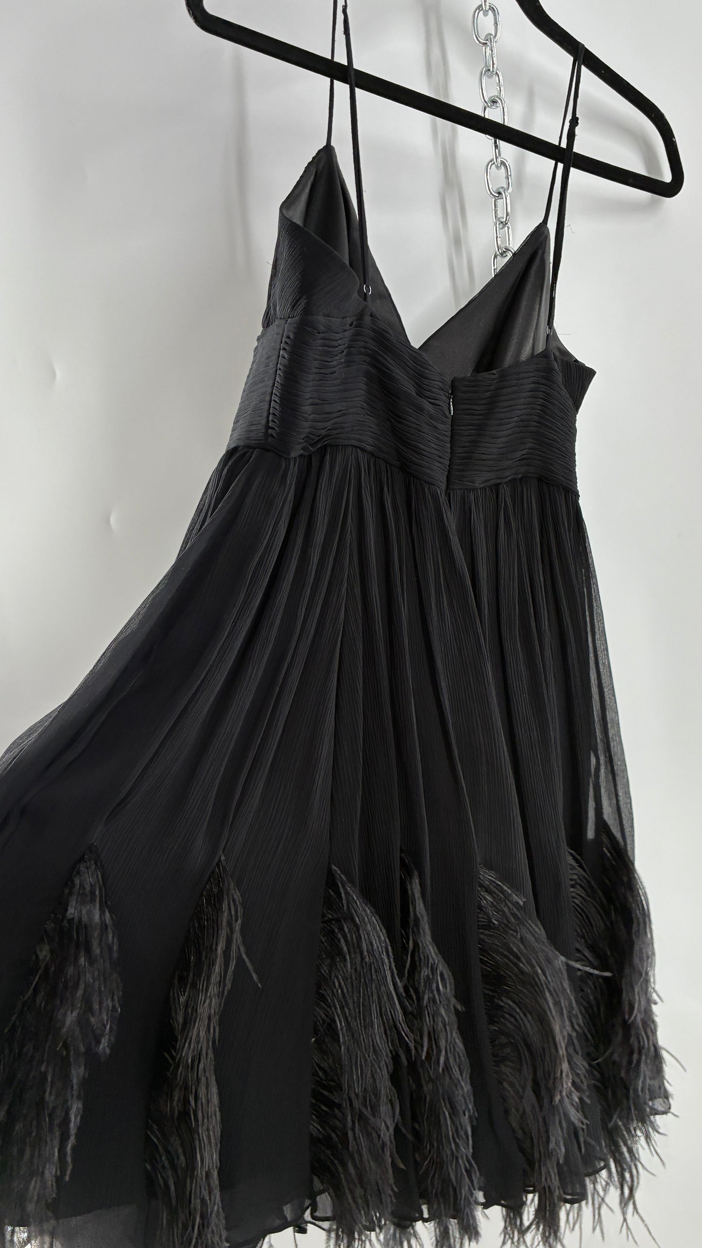 Vintage BCBGMAXAZRIA Crimped Black Dress with Ostrich Feather Details (6)