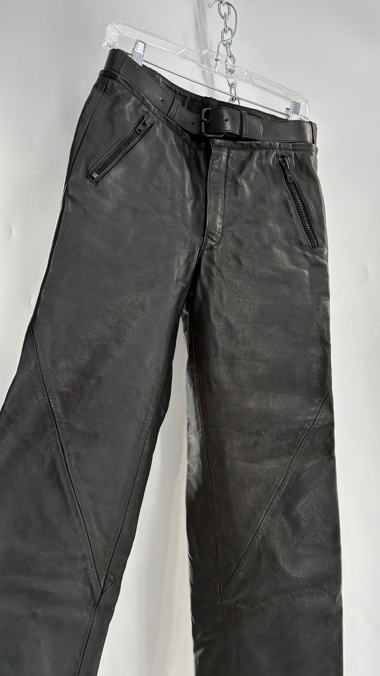 Vintage Black Italian Leather Motorcycyle Pants with Built In Belt and Zipper Detailing (XS)
