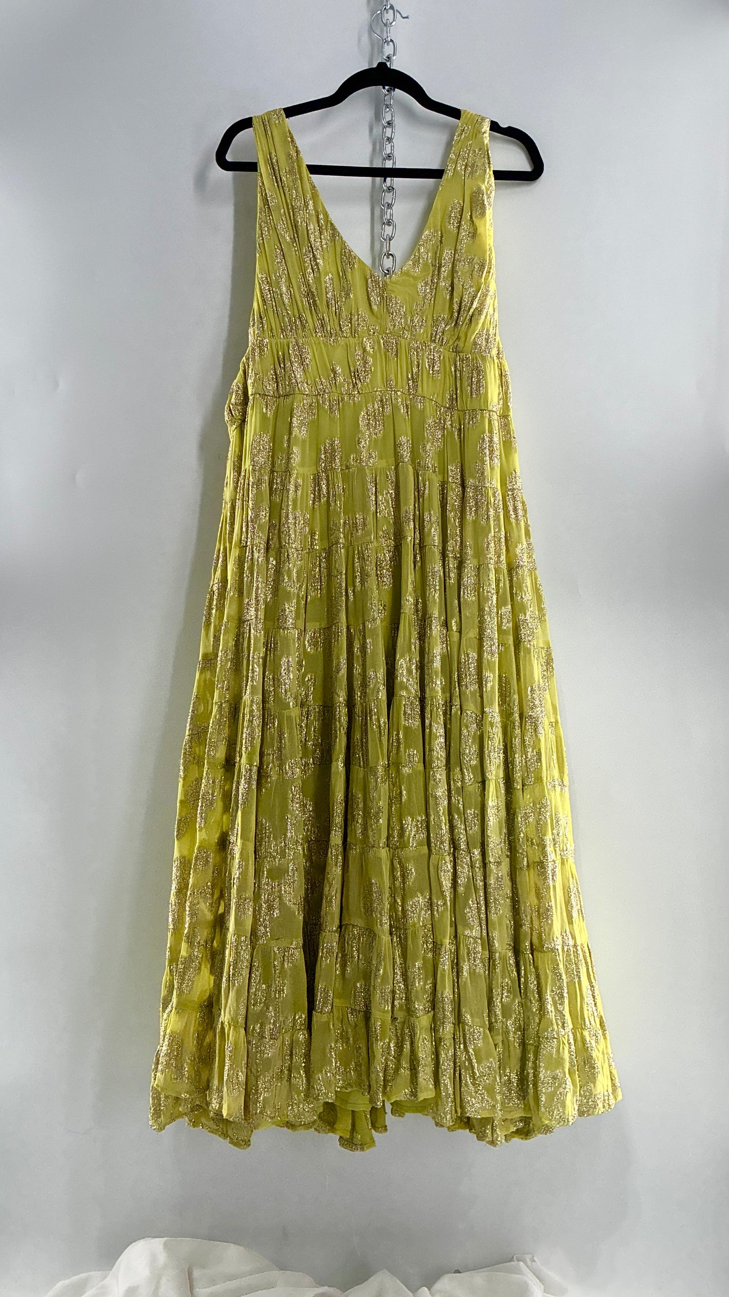 LET ME BE Lime Yellow/Green Ultra Voluminous Tiered Dress with Gold Metallic Jacquard Appliqué Pattern (XL)