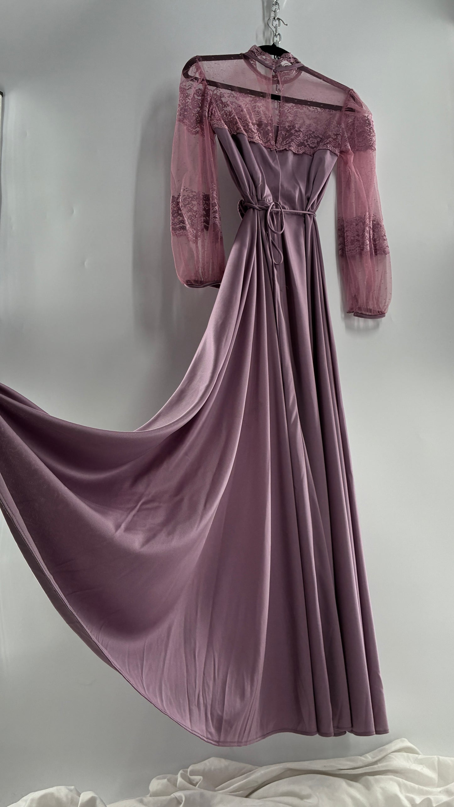 Vintage Handmade Dusty Purple Mauve Bubble Sleeve Maxi Dress (XS/S)
