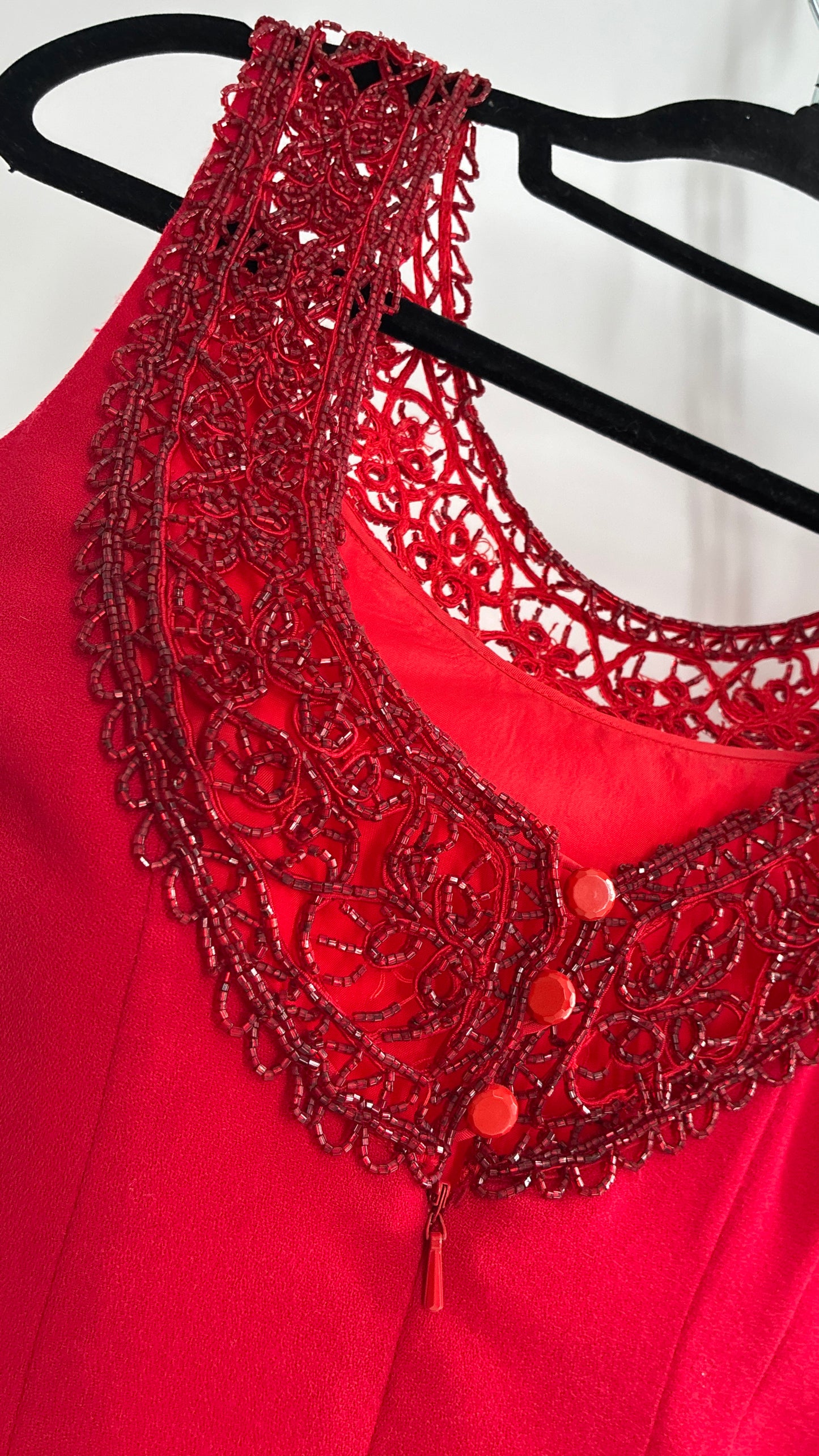 Vintage CARMEN MARC VALVO Red 100% Fitted, Tailored Wool Dress with Beaded Hem and Neckline (6)