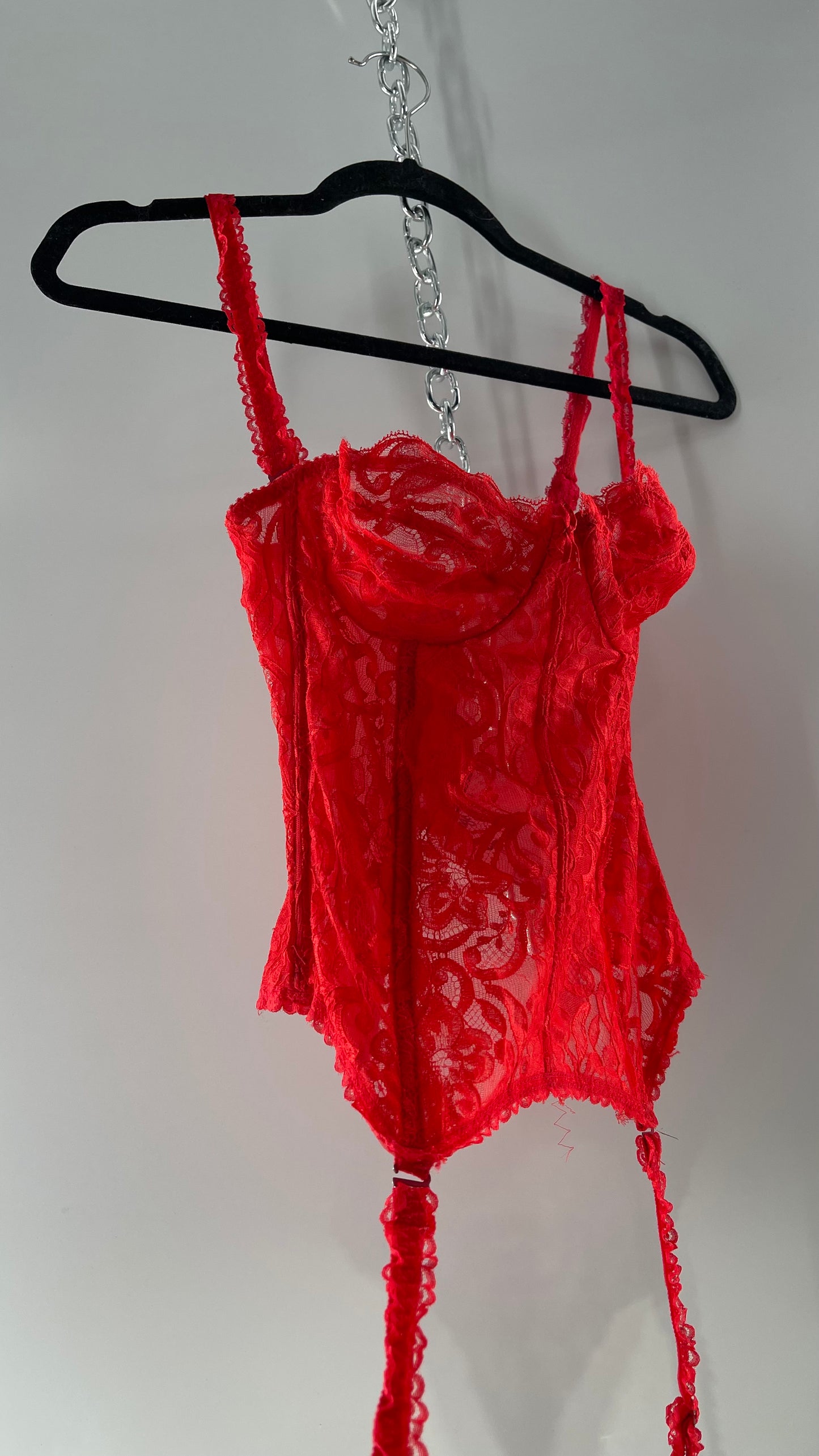 90s Vintage Red Lace Corset with Ruffled Sleeves and Removable Garter Straps (32B)
