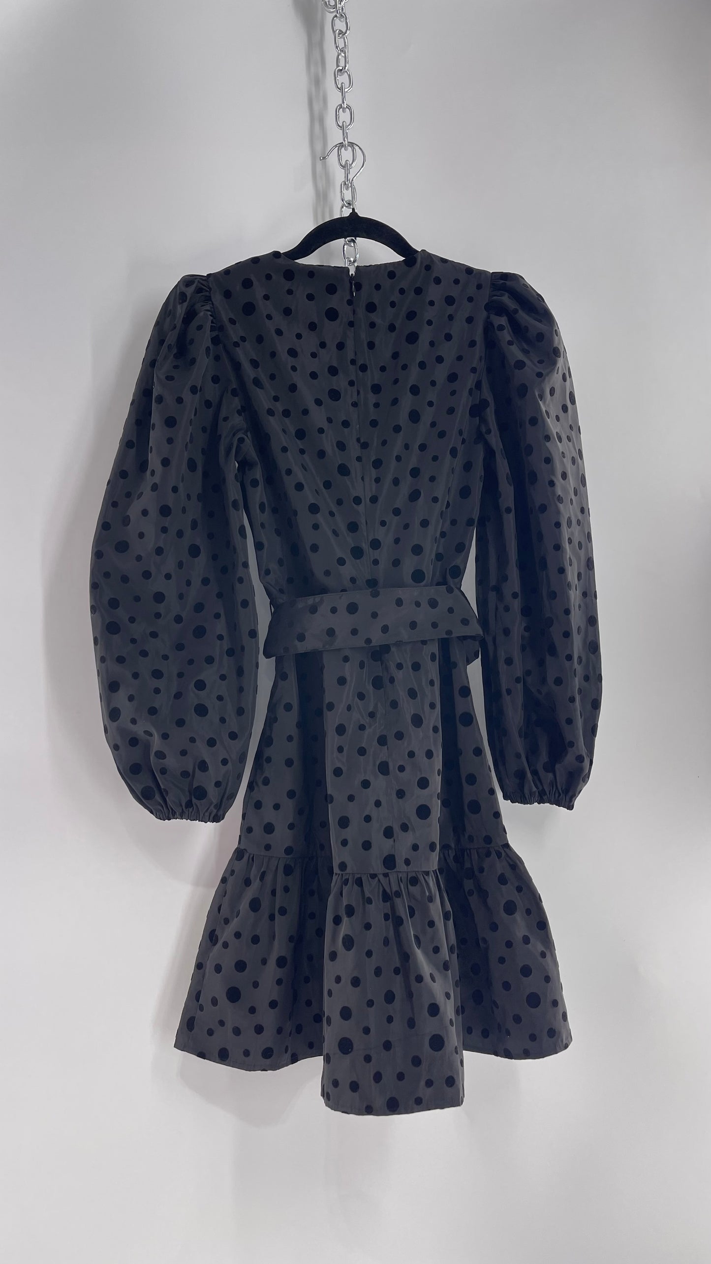 Express Black Taffeta Flare Out Dress with Balloon Sleeves, Velvet Polka Dot Pattern and Round Velour Belt Buckle (XS)