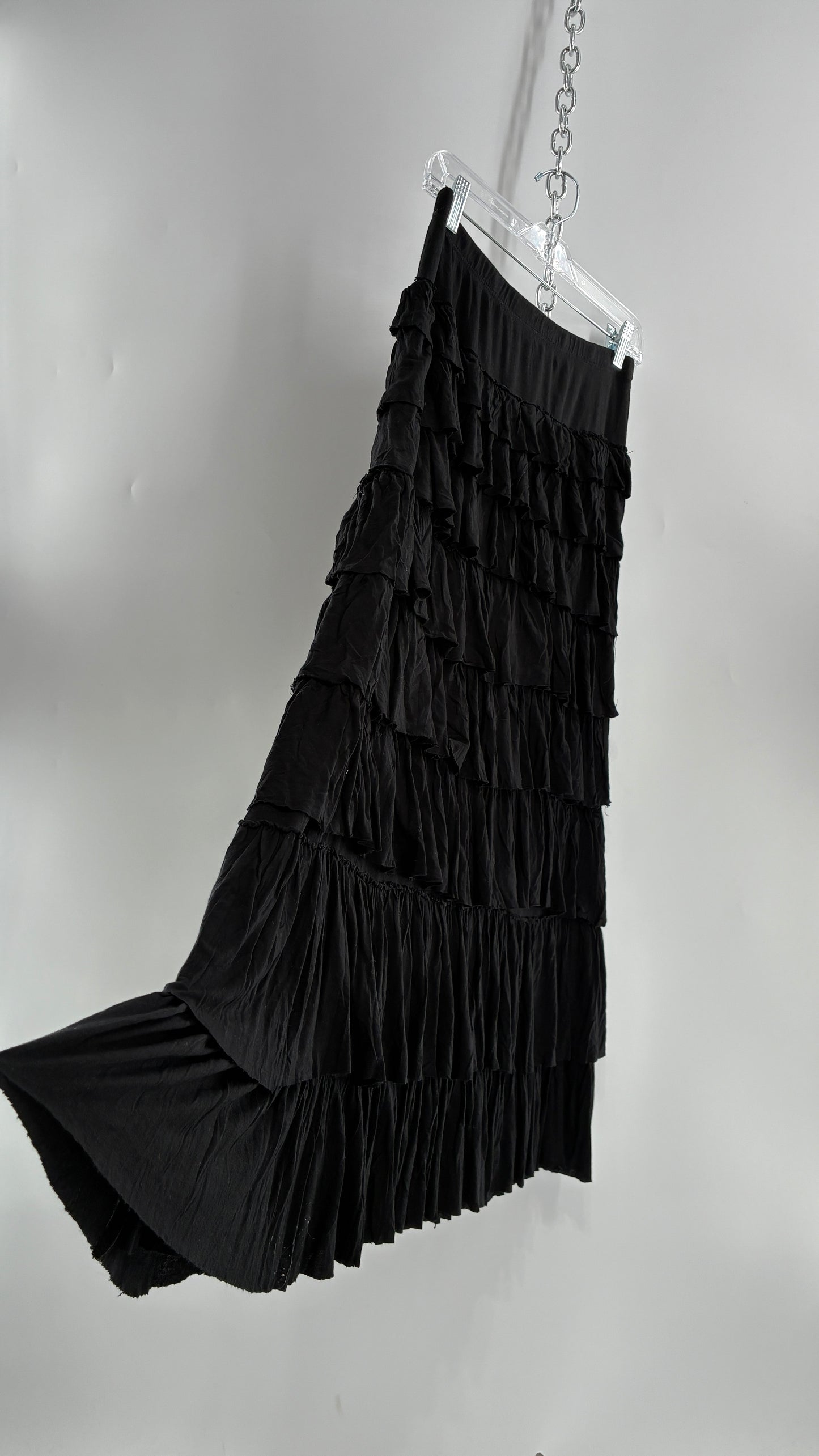 Vintage Black Ruffled 100% Viscose Ruffled Maxi Skirt (PSmall)