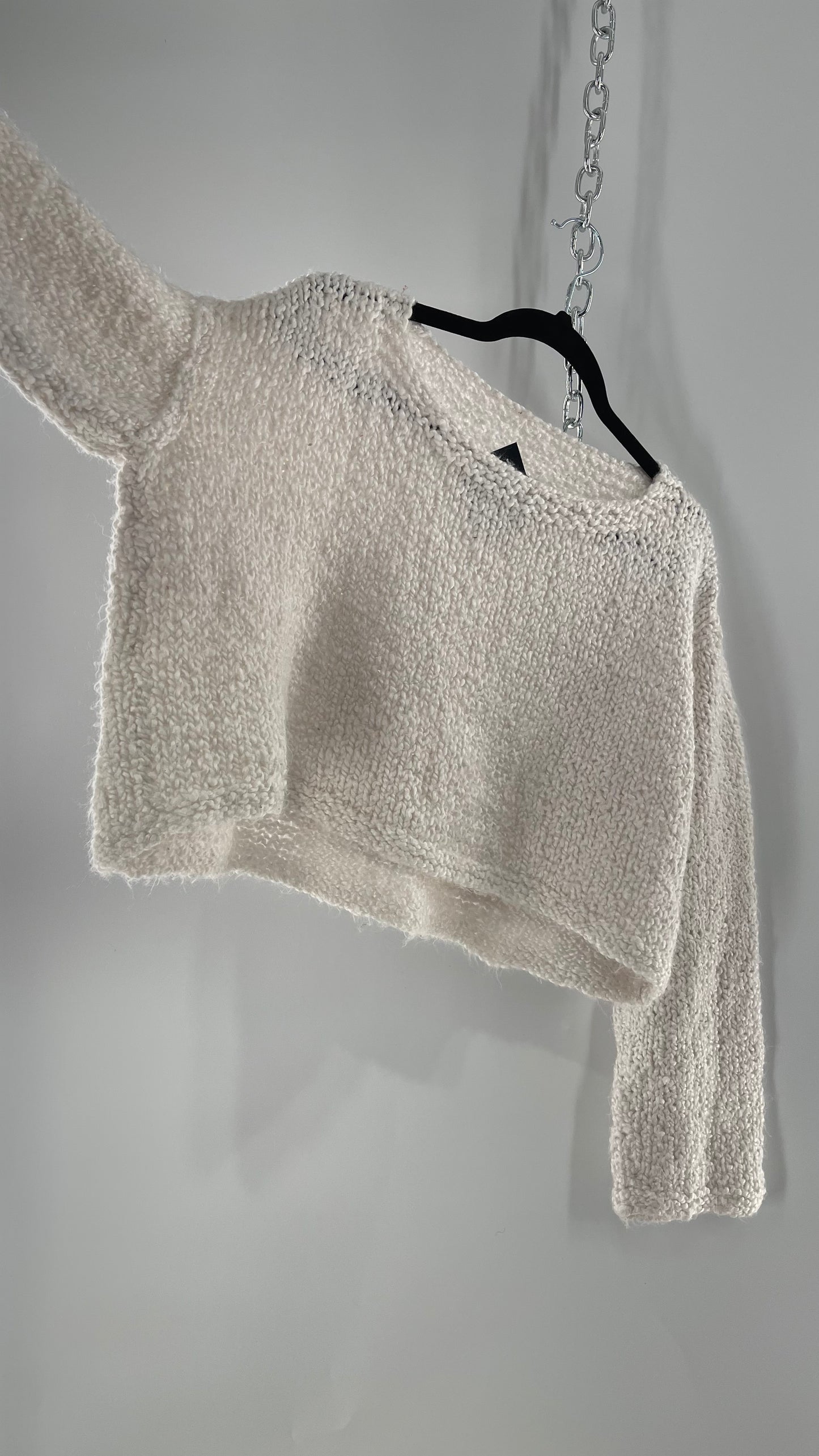 White Slouchy Comfy + Cozy Knit Cropped Sweater (M)