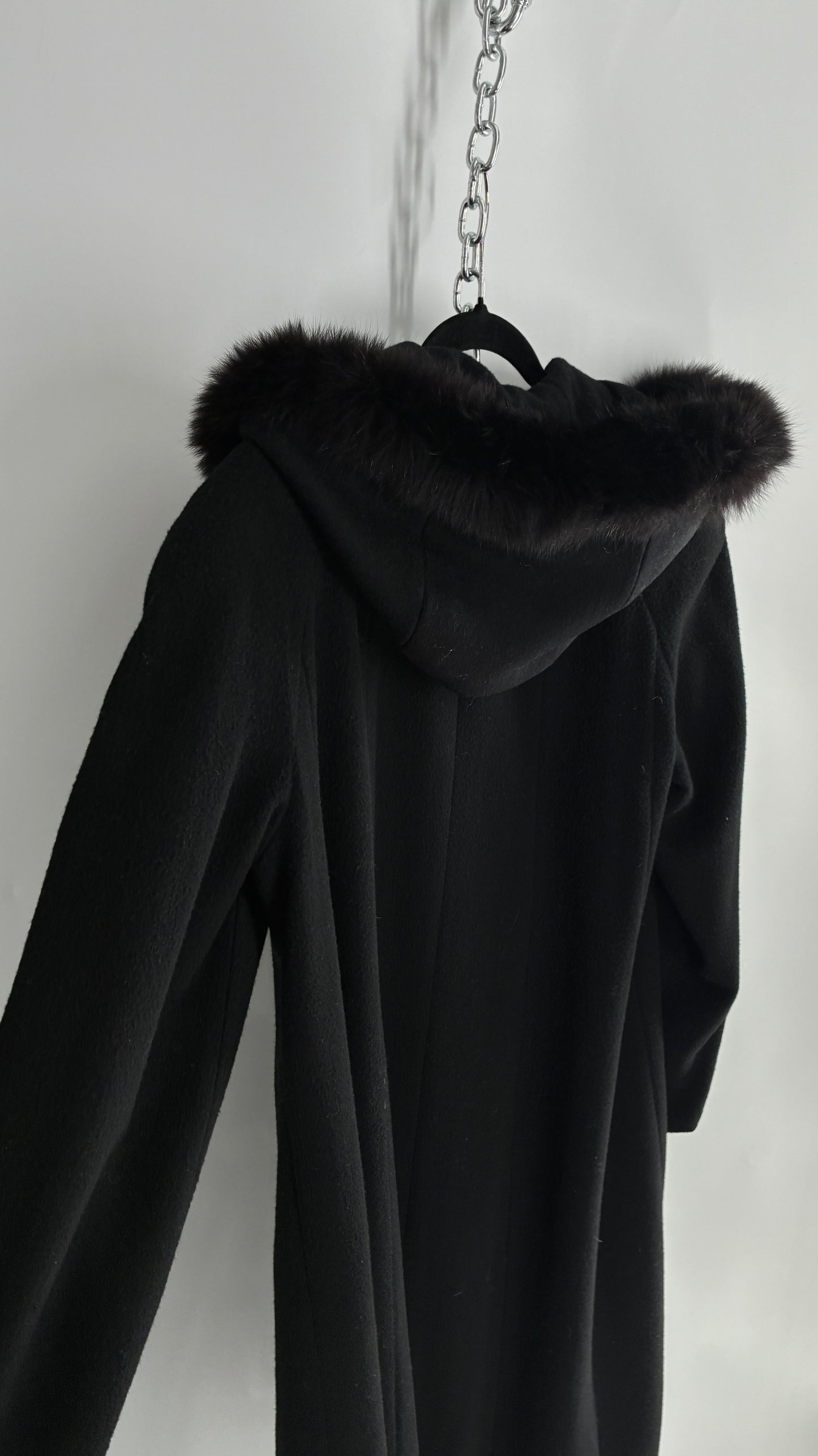 Vintage ANDREA COLLECTION Black Wool Blend Full Length Coat with Fur Trim Hood (12)