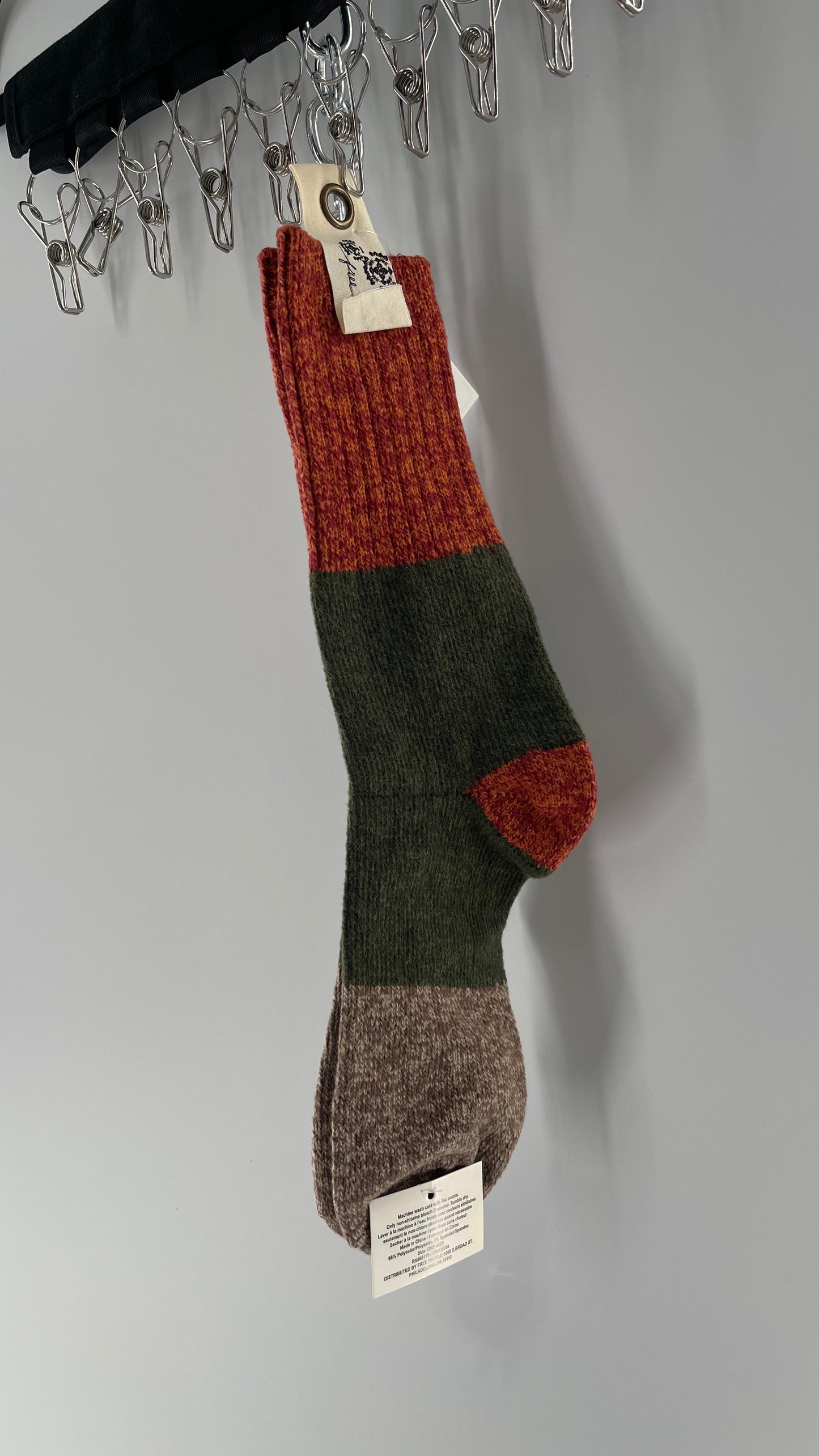 Free People Soft Orange, Army Green and Brown Color Blocked Sock