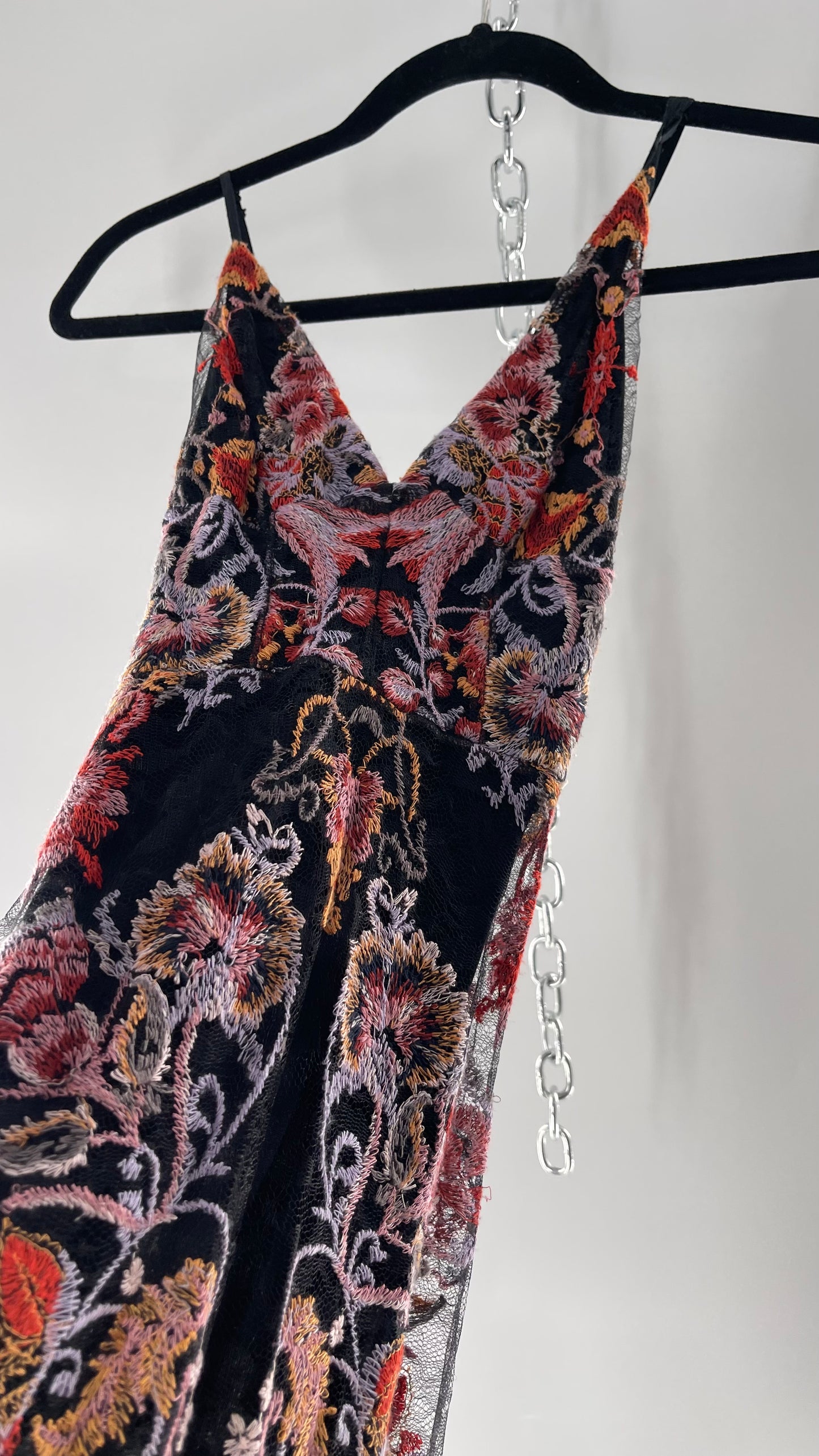 Free People Black Fall Toned Floral Embroidered Tule Sleeveless Maxi Dress (2)