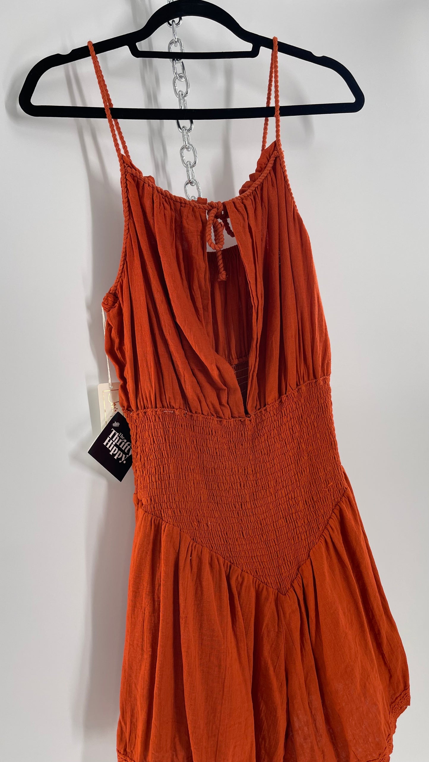 Free People Burnt Orange Smocked Pointed Waistline, Open Bust Jen’s Pirate Booty Romper Tags Attached 100% Cotton(XL)