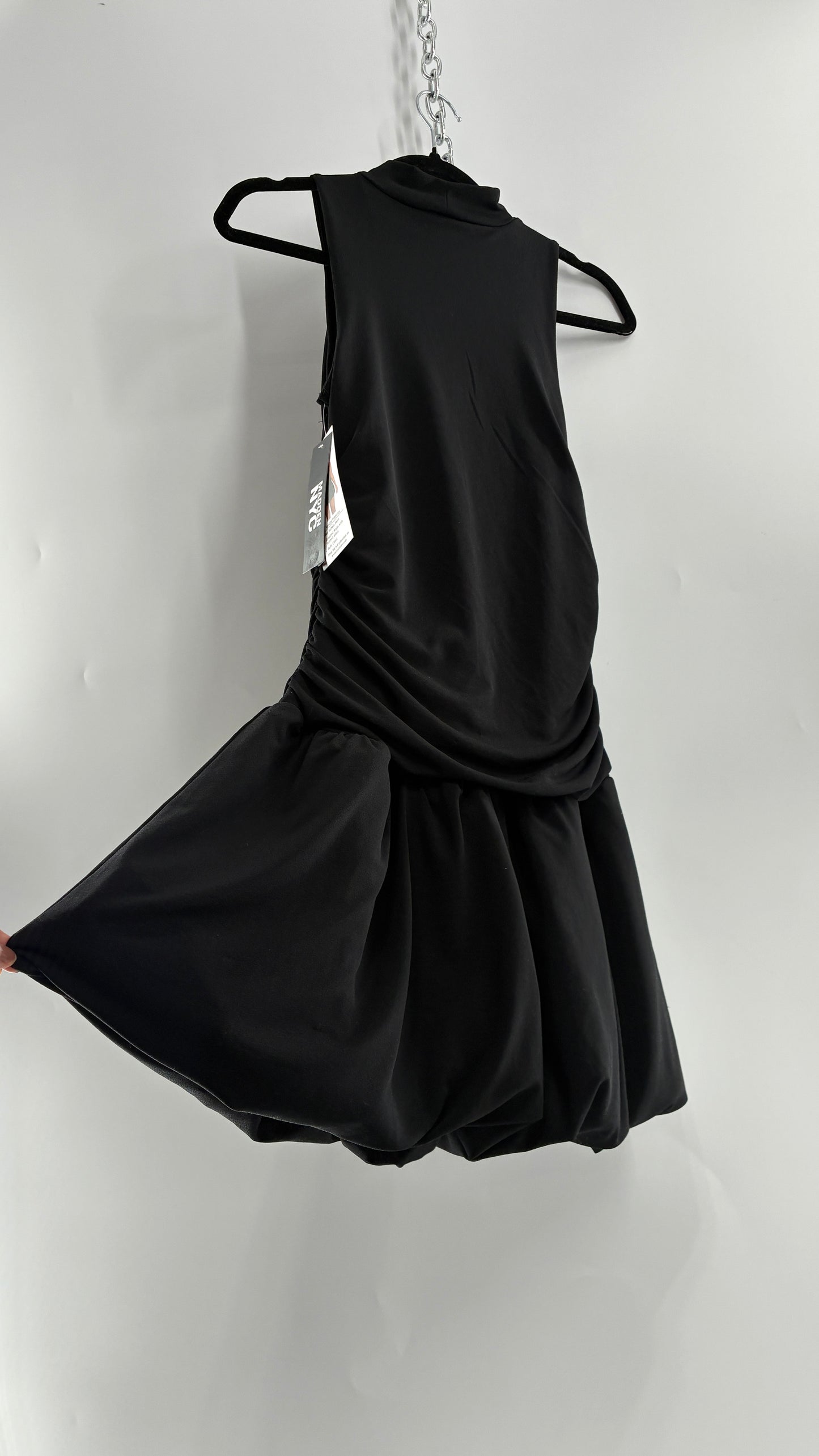 MADDEN NYC Black High Neck, Drop Waist, Bubble Hem Mini Dress with Tags Attached (XS-S)