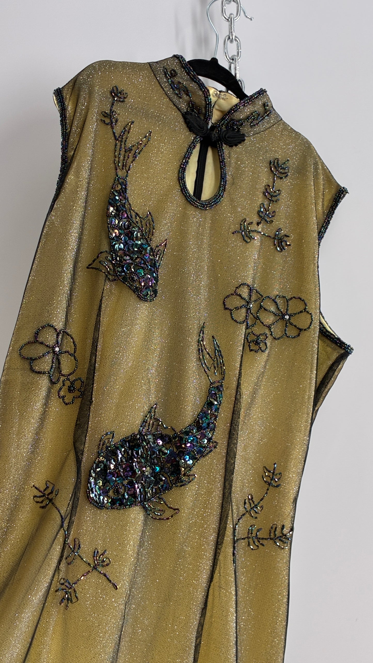 Vintage 1990s One of a Kind Handmade, Green Gown with Beaded Koi Fish, Metallic Tulle Overlay, and Symmetric Back (Medium)