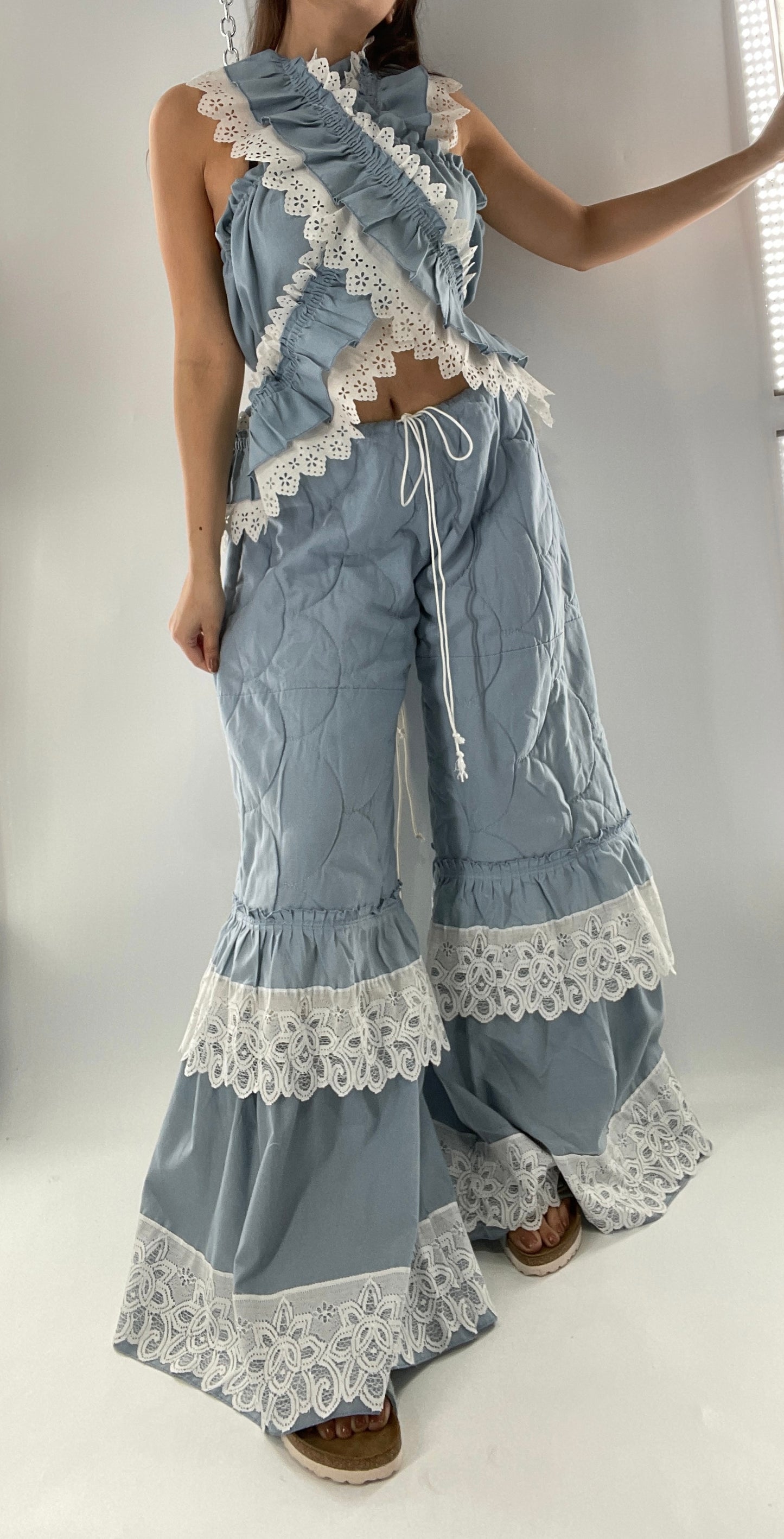 Vintage 2 Piece Powder Blue Set Featuring 2Way Blouse and Quilted Trousers Covered in Ruffles, Lace and Trim (One Size)