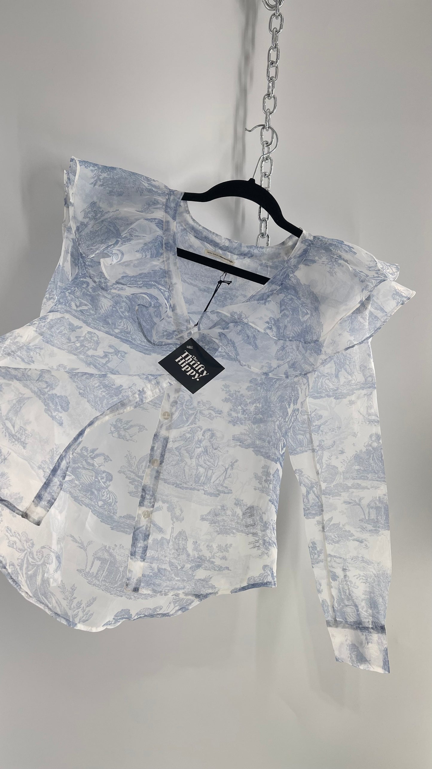 Laura Ashley Urban Outfitters Voile Sheer Ruffled Shoulder Button Up with Blue Vintage Print (XS)