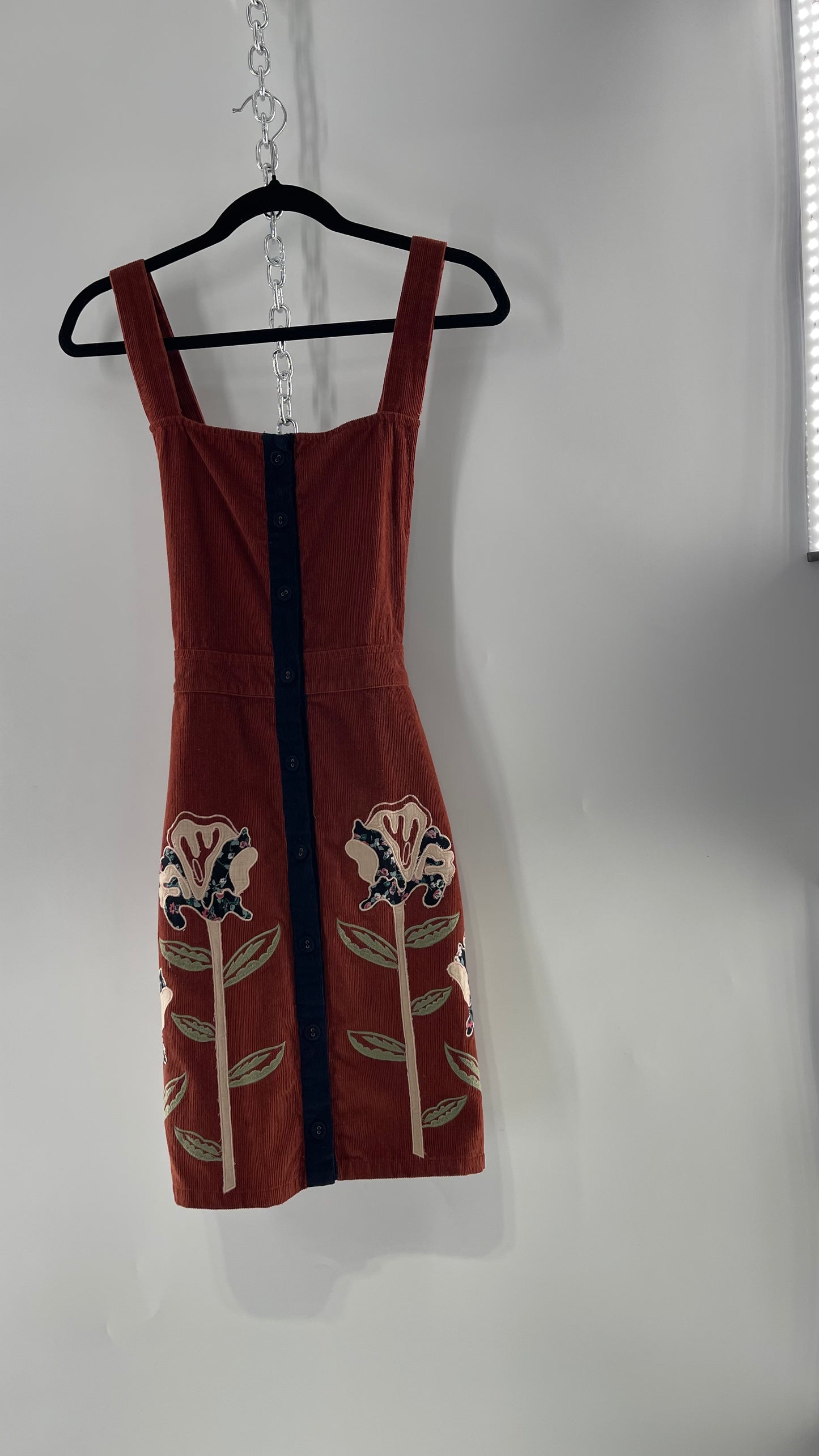 Seen. Worn. Kept. Anthropologie Terracotta Burnt Orange Corduroy Overall Dress with Embroidered Flower Details (S)