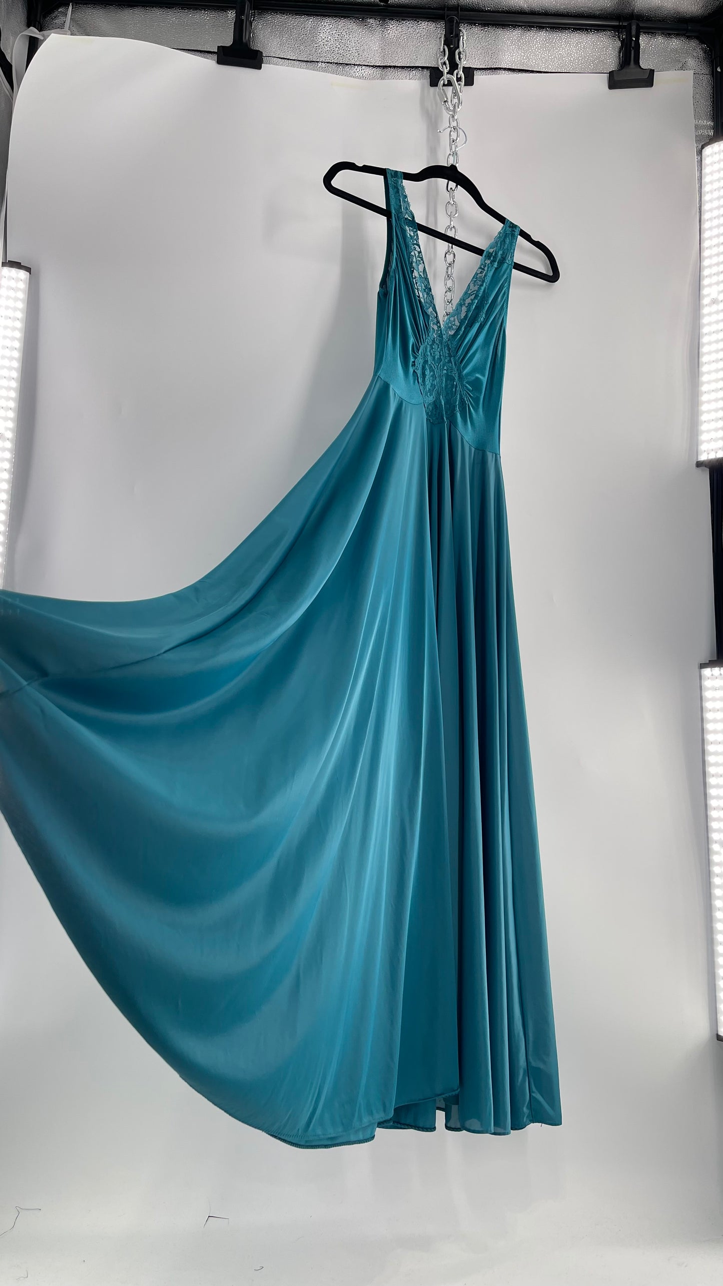 Vintage Olga Intimates Floor Length Voluminous Blue Jewel Toned Maxi Dress/Night Gown with Lace Bust (Small)