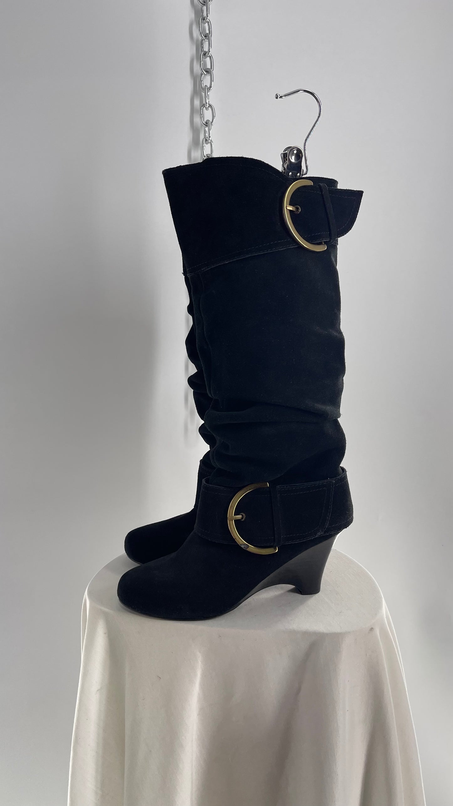 Naughty Monkey Black Suede Wedge Boot with Gold Buckle (7)