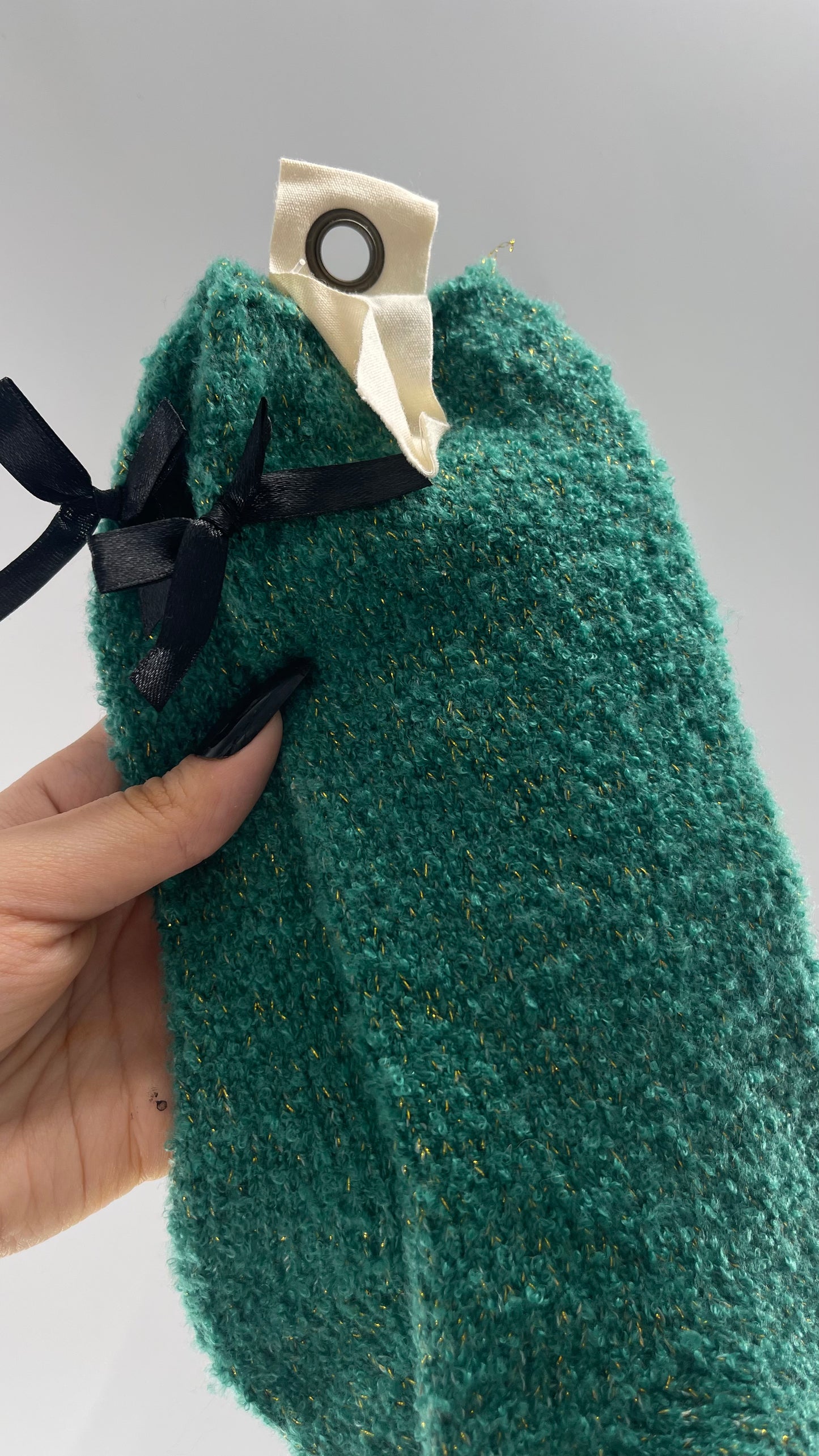 Free People Festive Green Socks with Gold Tinsel and Black Satin Bow Detail