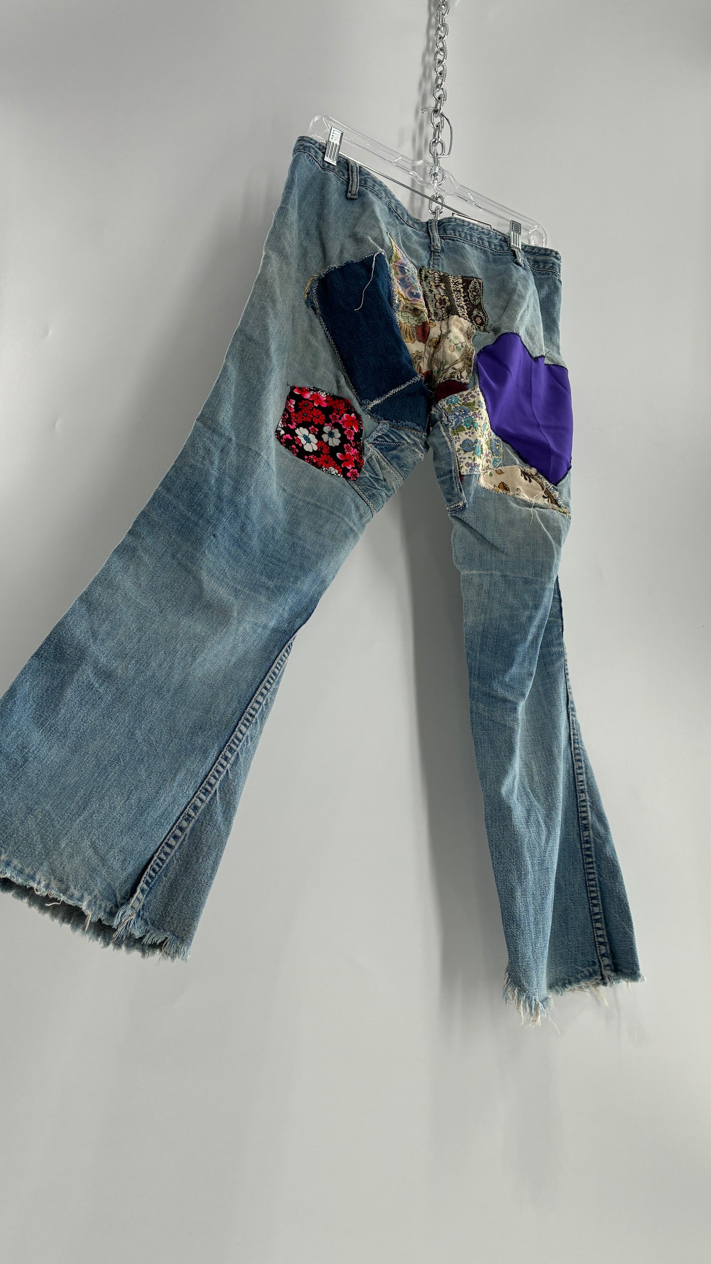 Vintage Rare 1970s Light Wash, Low Rise Boot Cut Jeans with Hand Stitched Tapestry Style Patches and Purple Heart on Bum (Measurements Below)