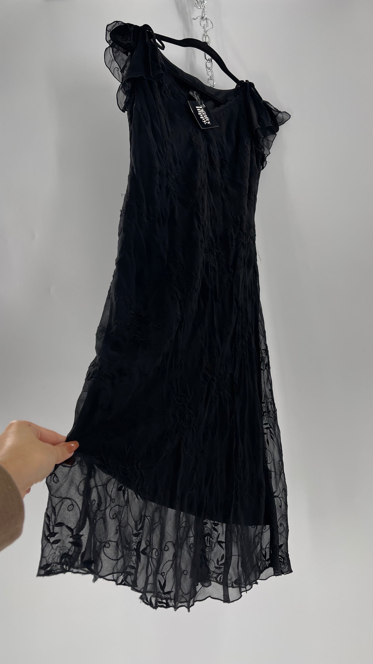 Vintage Jonathan Martin 100% Silk Black Embroidered MIDI Dress with Tie Shoulder Detail (10)