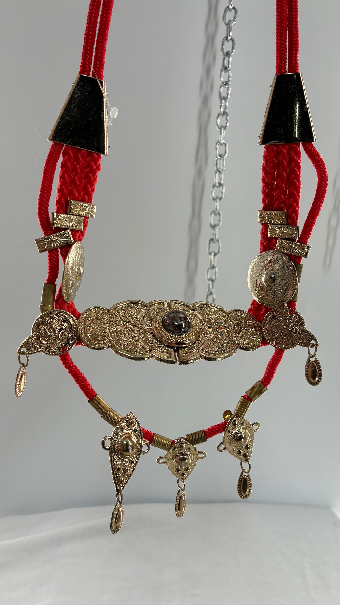 Vintage 1980s Red Rope Belt with Gold Engraved Coins Made in Korea