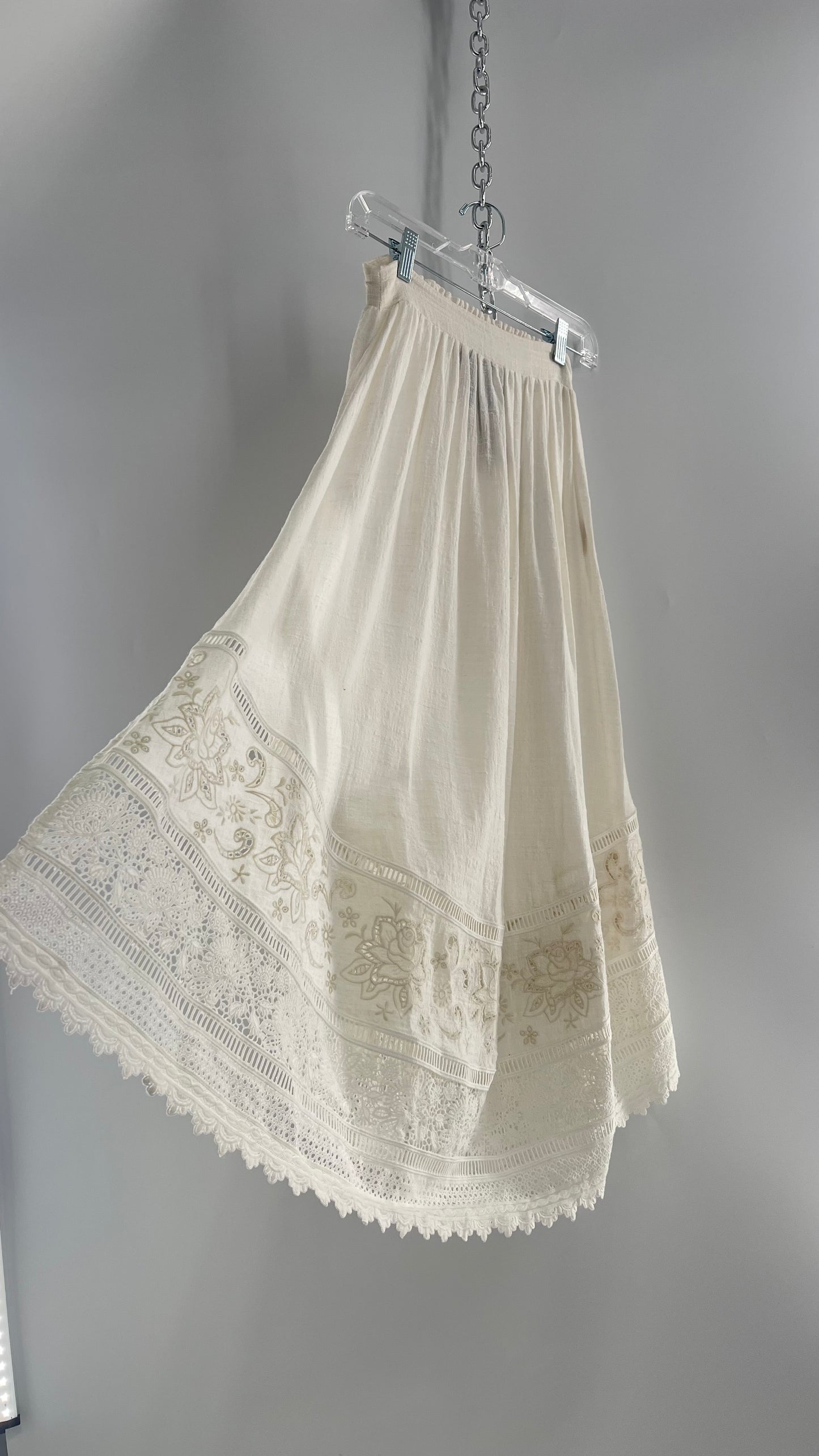 Spell & the Gypsy Full Length Cotton Gauze White Skirt with Tie Sides and Heavily Embroidered Hem (XS)