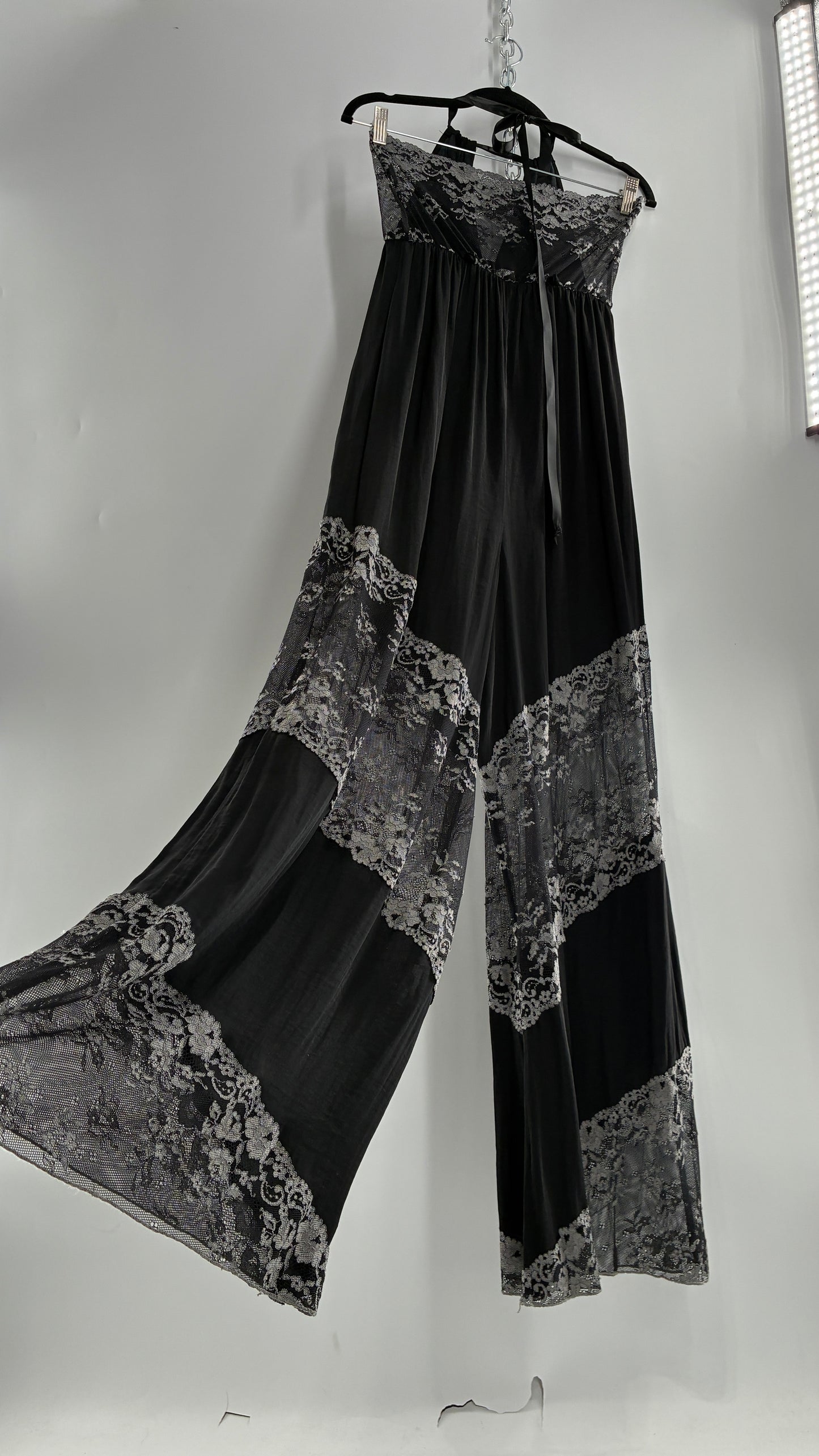 Free People Silky Black Jumpsuit with Grey Lace Paneling and Bandeau (S)
