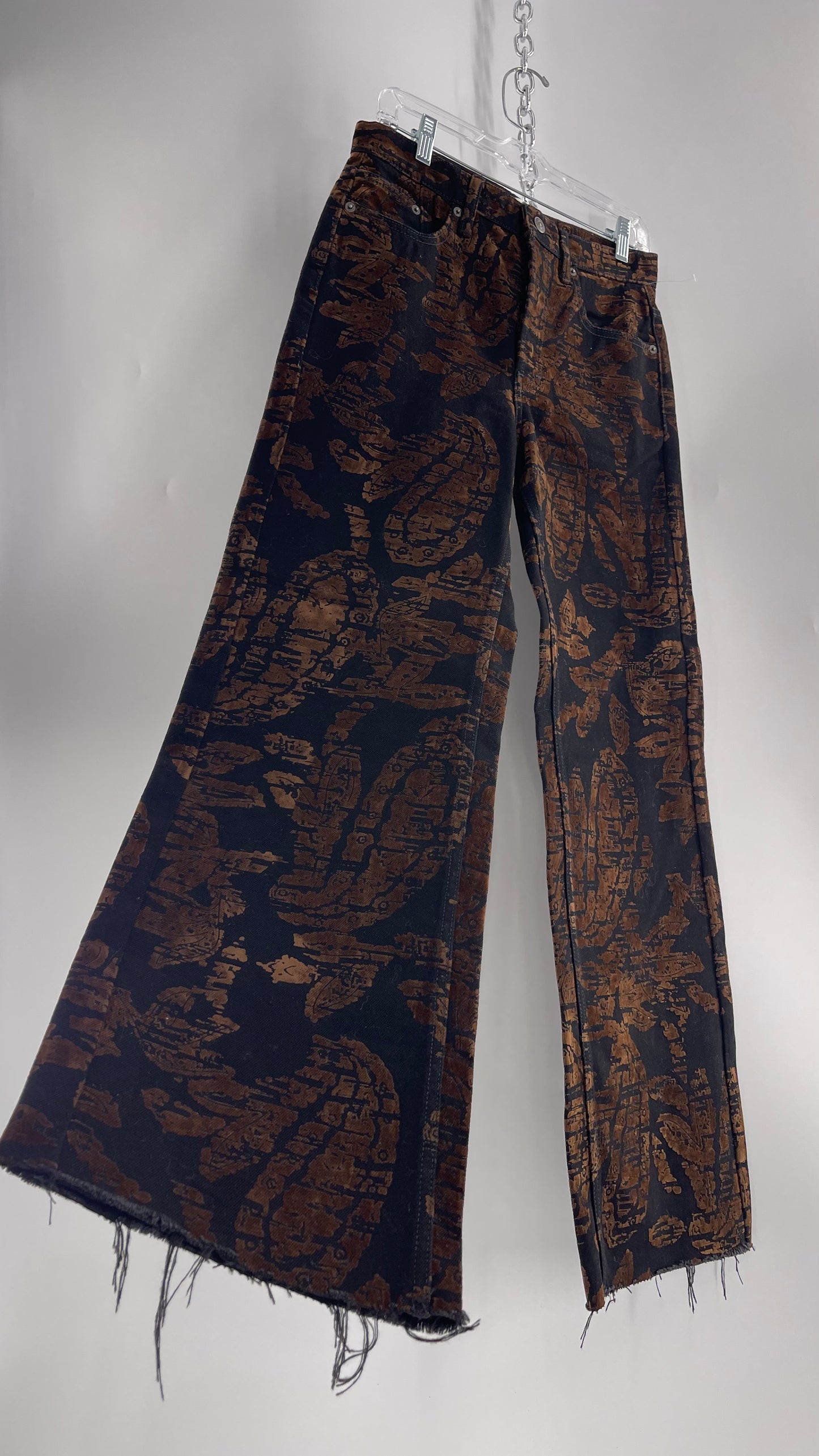 Free People Black/Brown Velvet Texture Graphic Straight Legs with Raw Edge Hem and Tags Attached (28)
