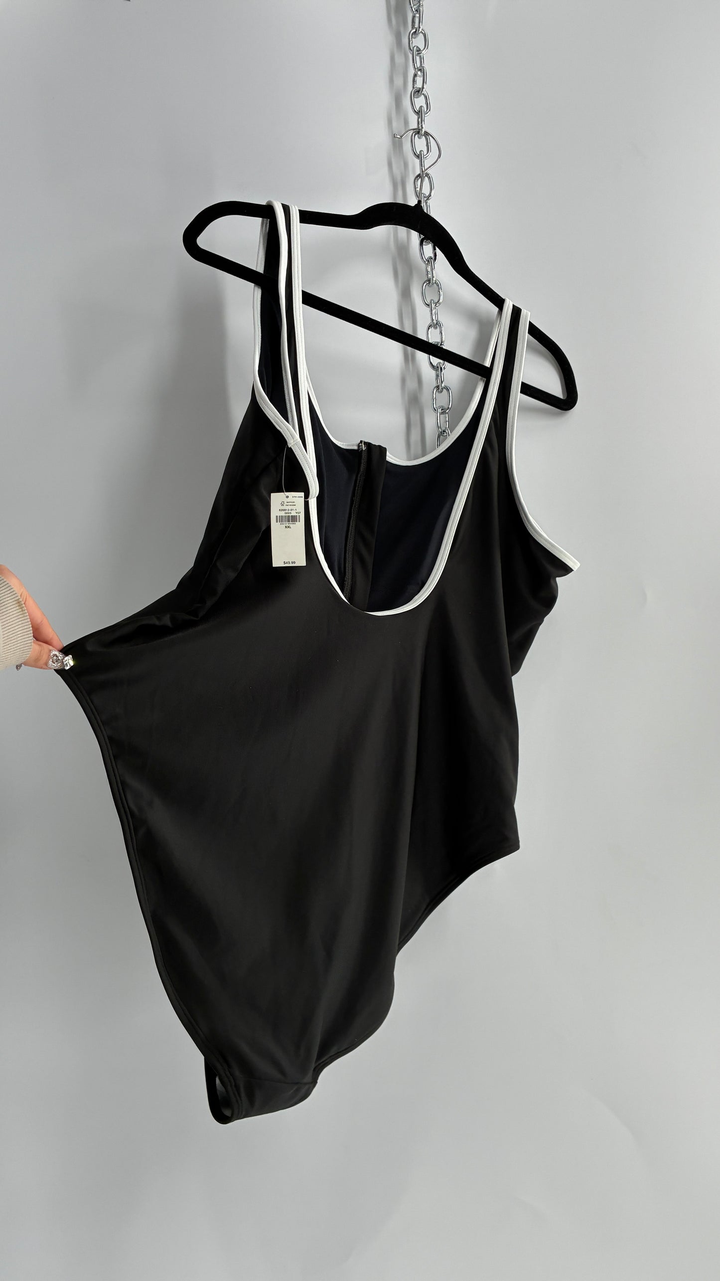 OLD NAVY Black Thick Zip Front Bathing Suit with Contrast White Piping and Tags Attached (XXL)