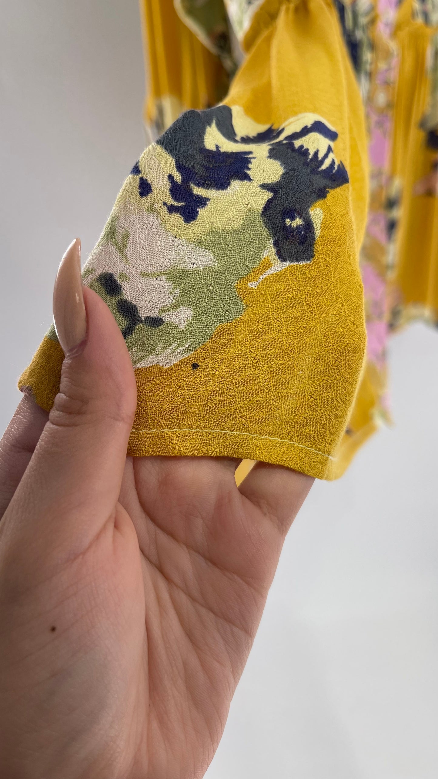 Free People Oversized Button Up Contrast Pattern Yellow Floral Blouse (XS)