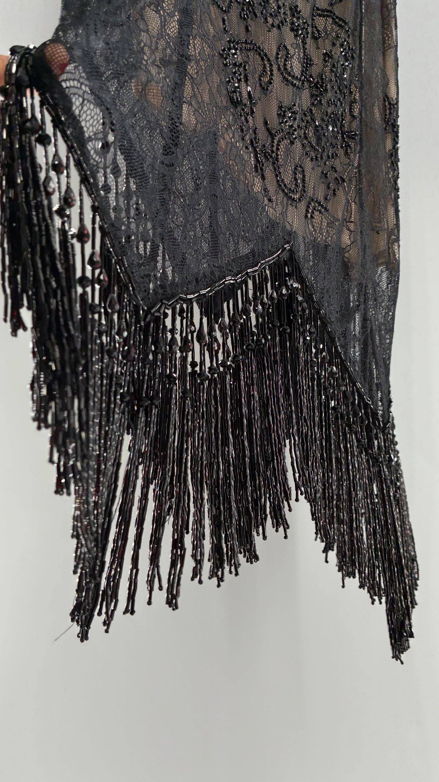 Vintage Haute Hippie Black Lace Nude Underlay Dress with Pointed Heavily Beaded Fringe Hem (2)