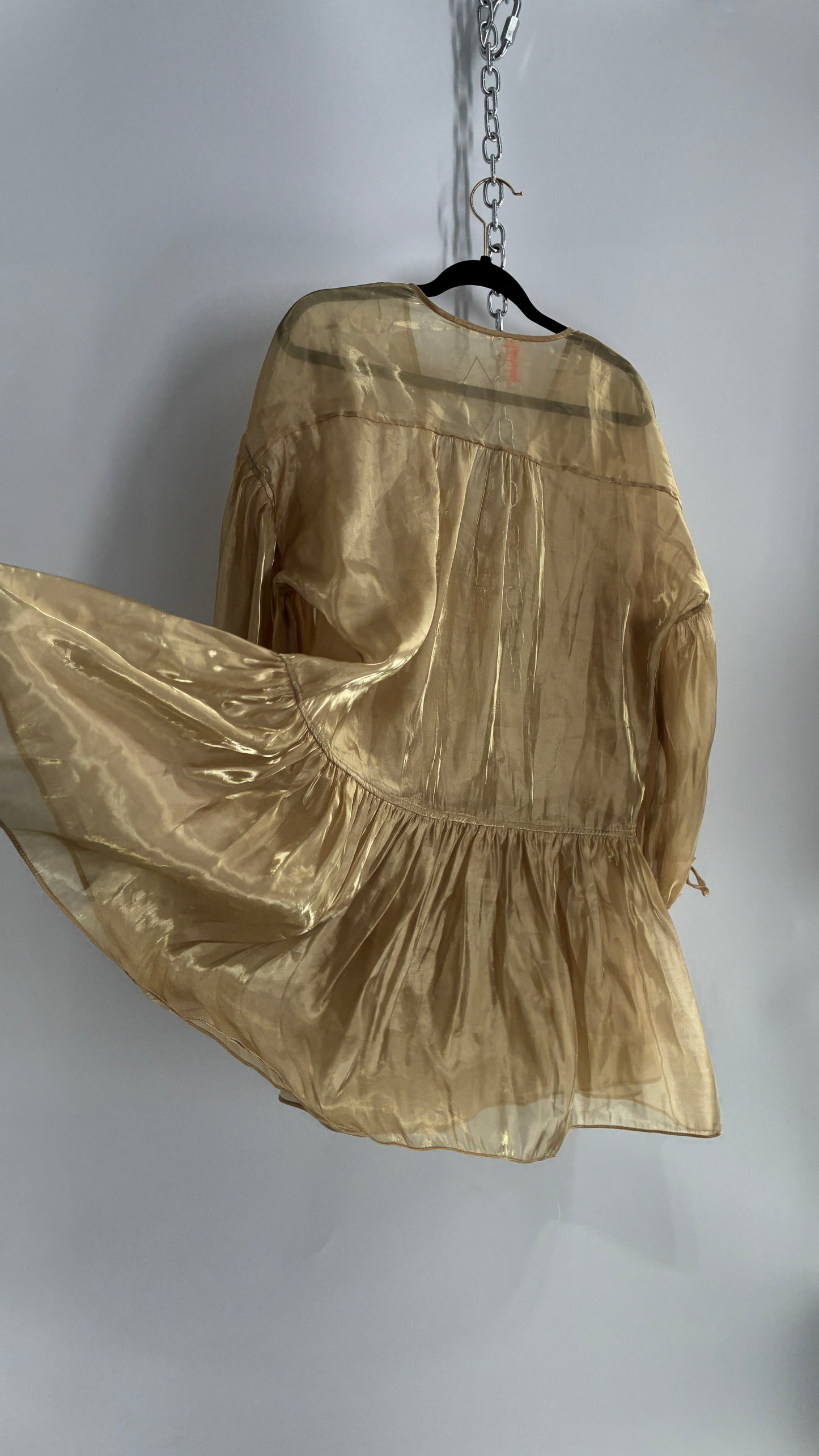 Free People Gold Voile Organza Drop Waist Bubble Sleeve Dress (Medium)