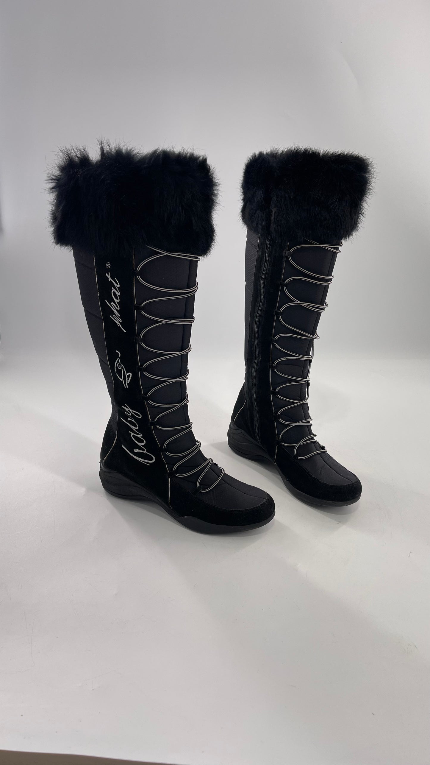 Baby Phat Black Knee High Boots with Rabbit Fur Trim, Bungee Cord Ties, and Embroidered Logo Design (8)