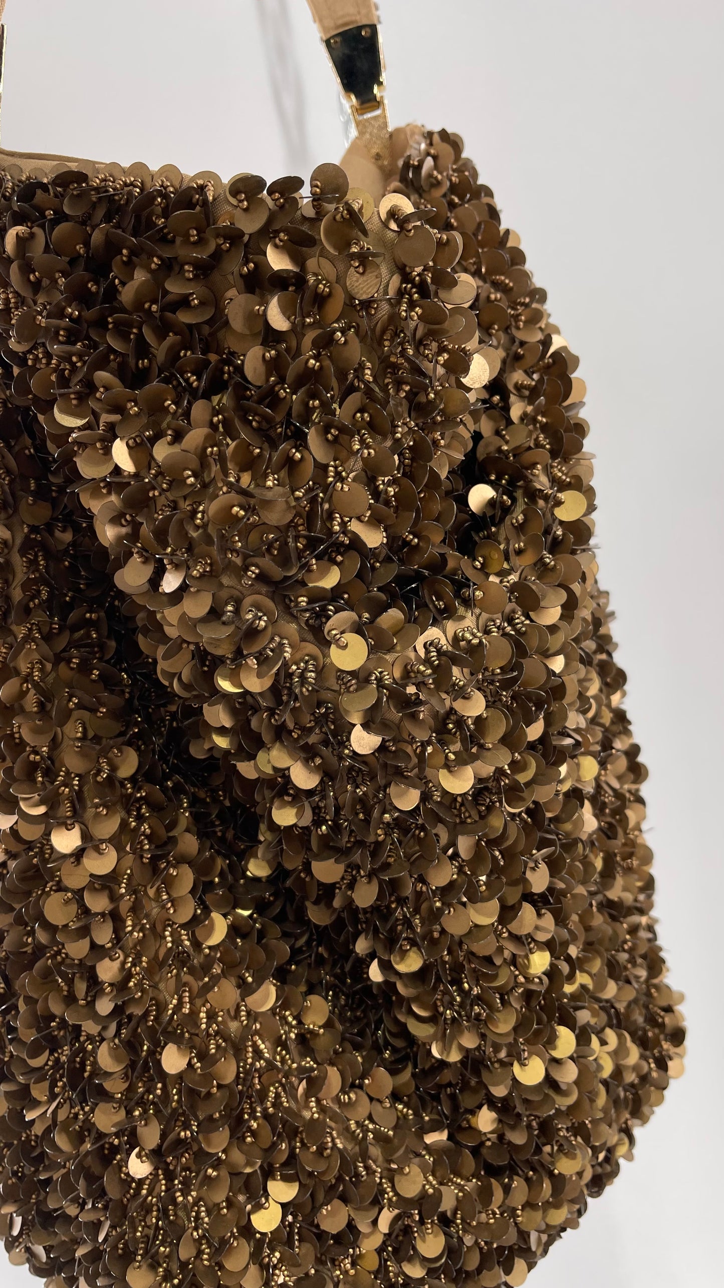 Deadstock The Find Marvelous Bronze Beaded Sequin Tote Bag with Gemstone Strap