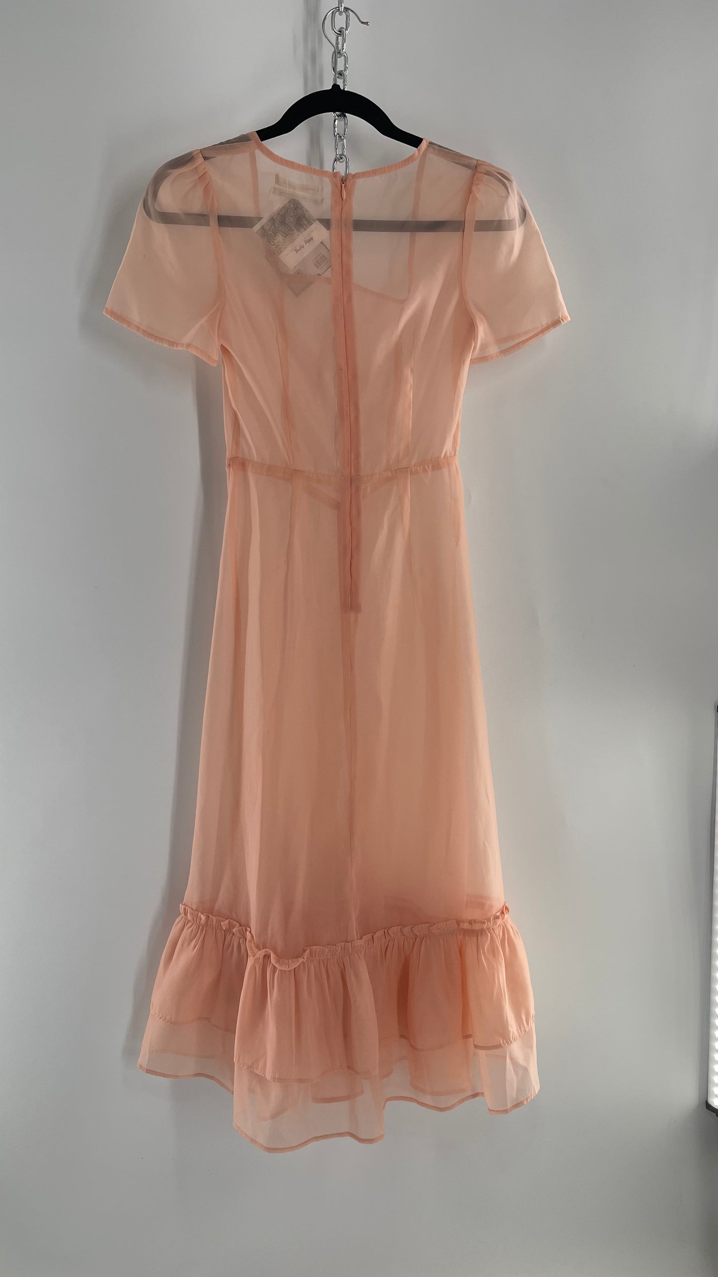 Urban Outfitters Pink/Peach Voile Vintage Inspired MIDI Dress with Ruffled Hem (XS)