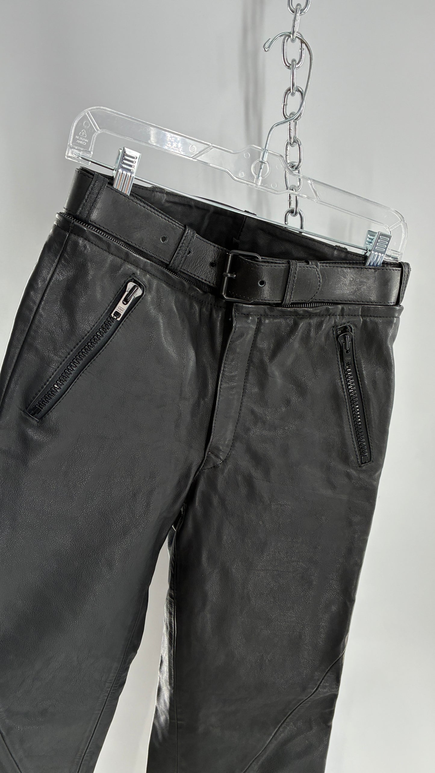 Vintage Black Italian Leather Motorcycyle Pants with Built In Belt and Zipper Detailing (XS)
