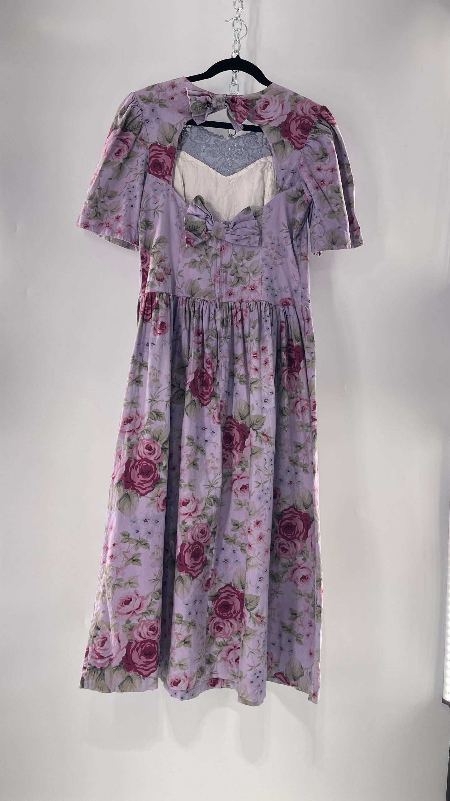 Vintage Urban Renewal Reworked and Upcycled Misty Lane Lilac/Lavender Floral Fit/Flare Dress with Sweetheart Neckline, Lace Detail and Bow Adorned Open Back (11/12)