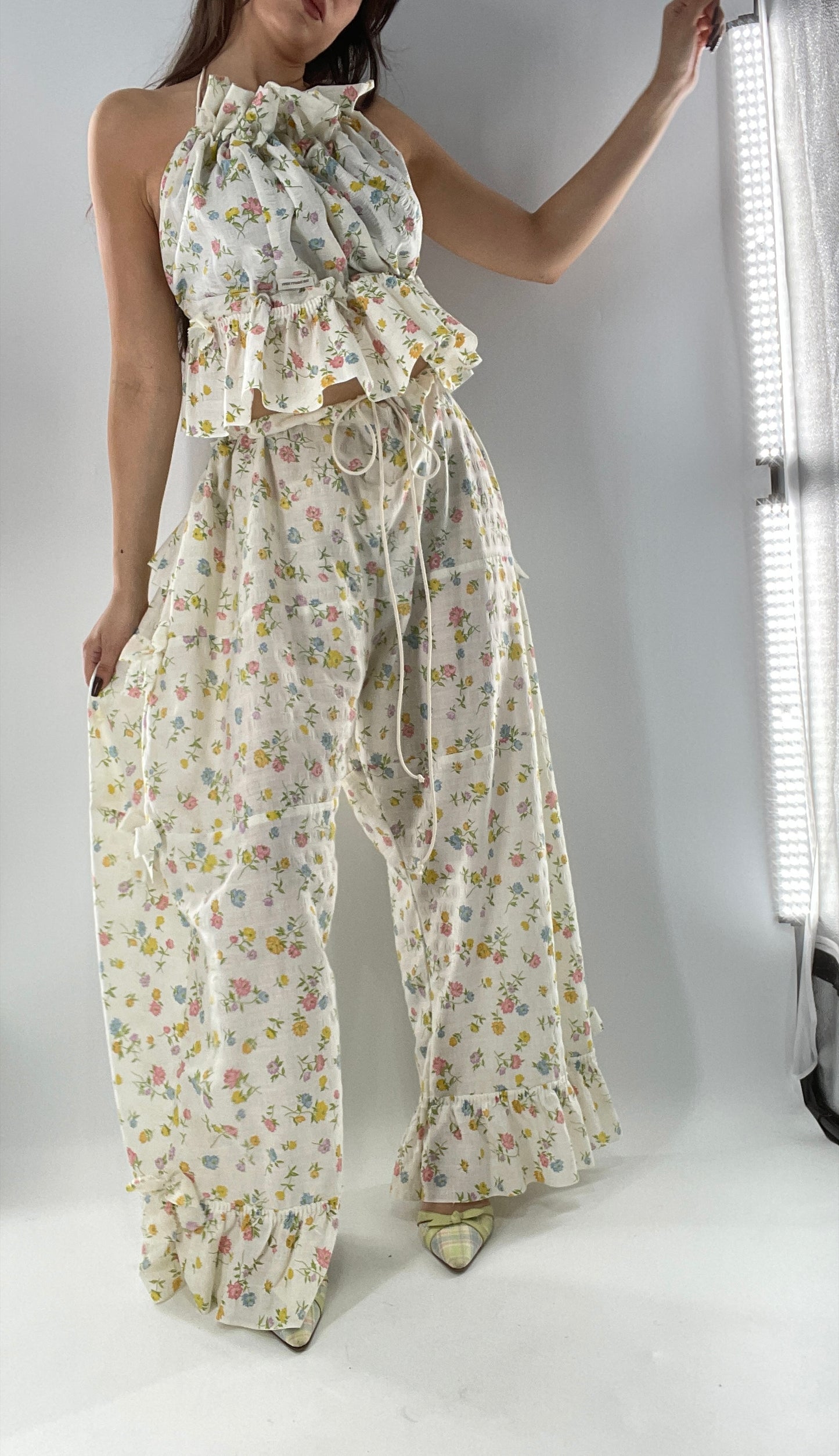 Vintage 2 Piece Floral Babydoll Set with Adjustable Top and Adjustable Pants Featuring Bow Sides and Ruffles Bum (One Size)