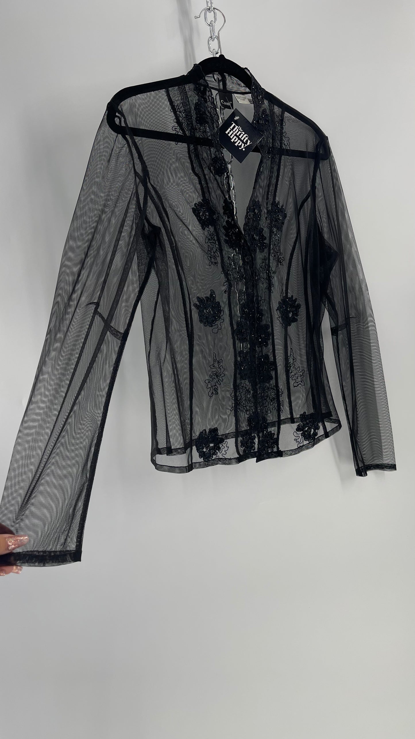 Vintage CAMI Black Mesh Long Sleeve with Embroidered and Beaded Neckline with Exaggerated Seams (Large)