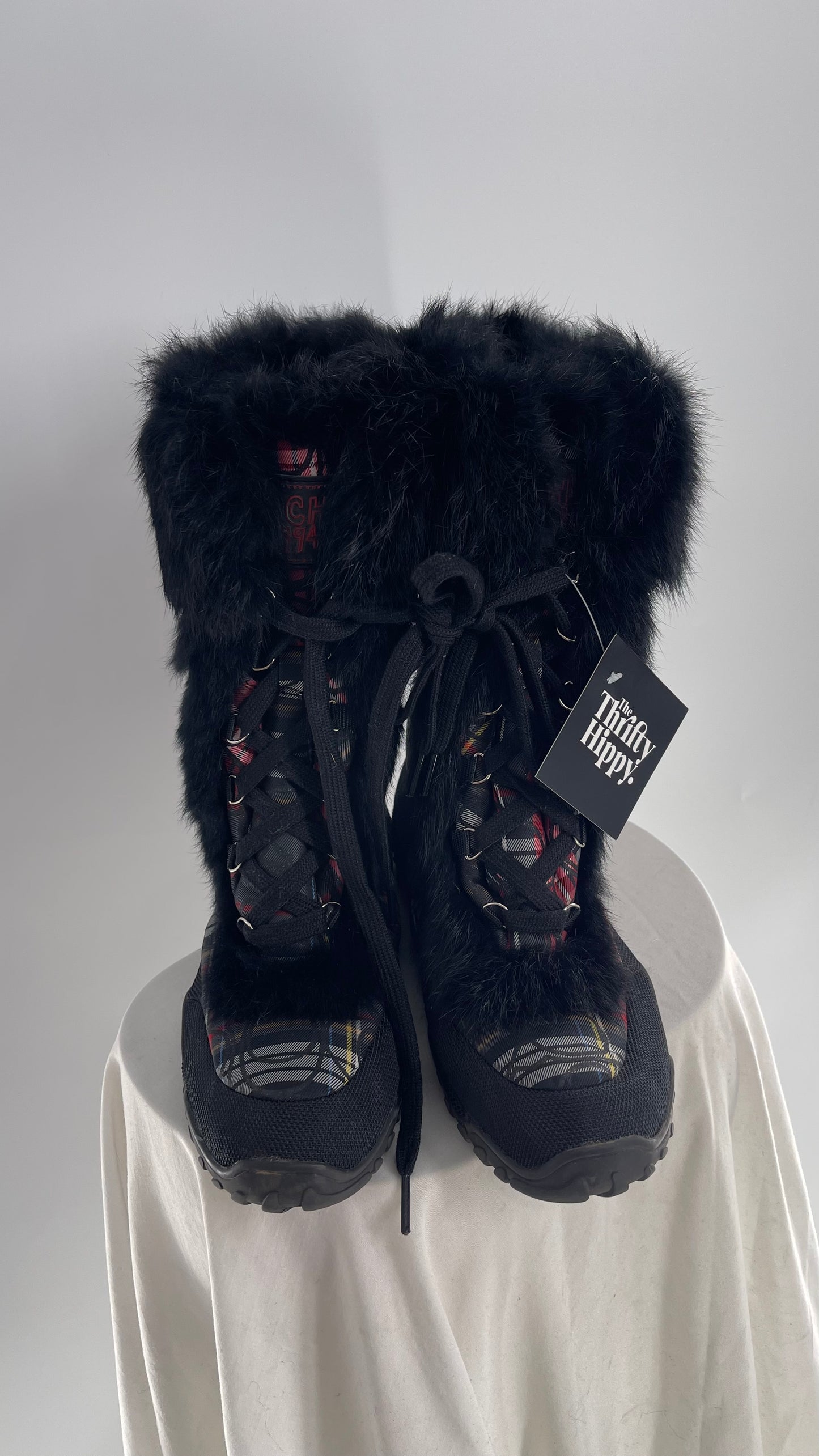 Vintage COACH Jennie Plaid Quilted Logo Patterned Boots with Rabbit Fur Trim (9)