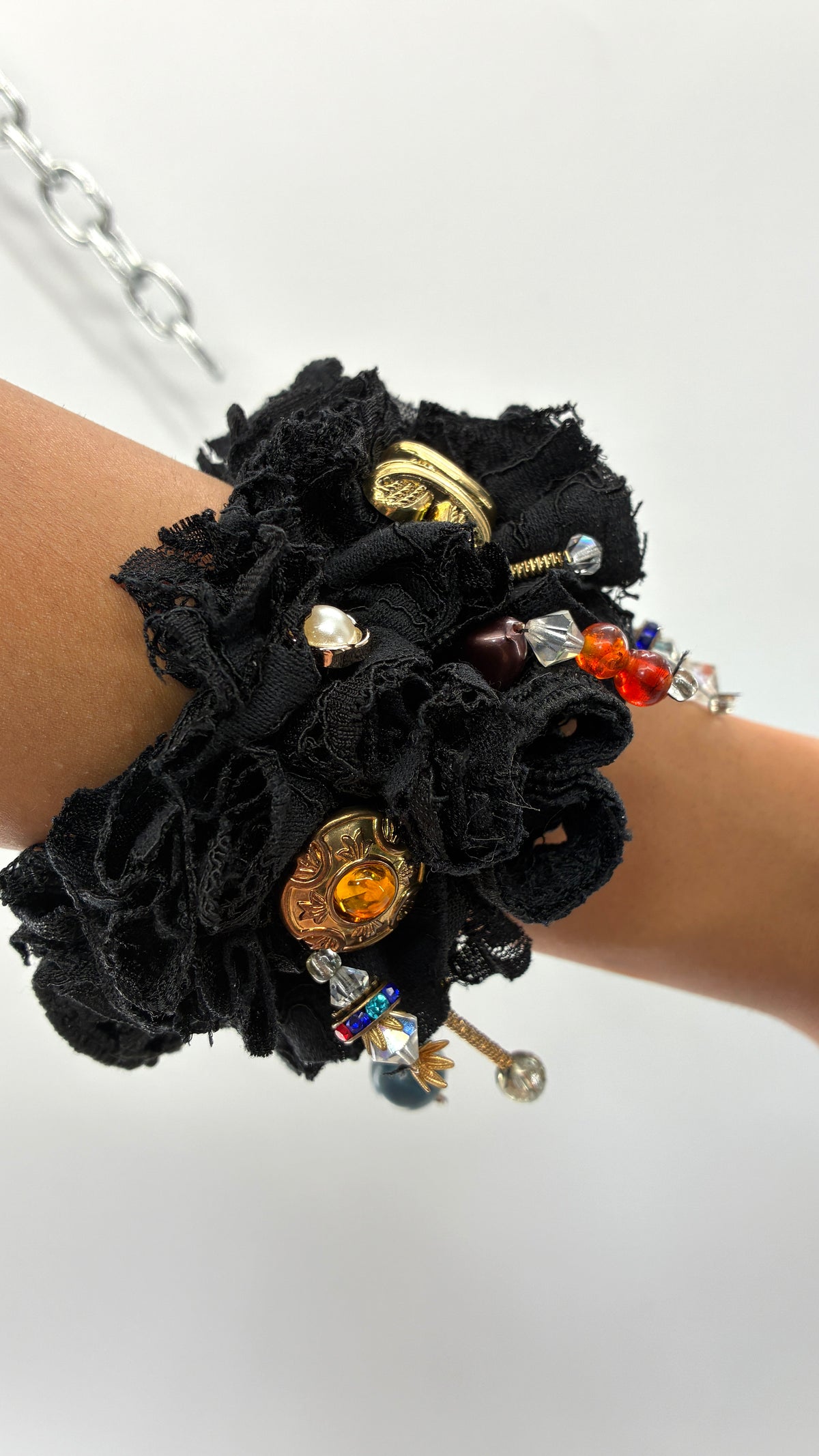 Handmade Black Rosette & Eclectic Charm Statement Cuff