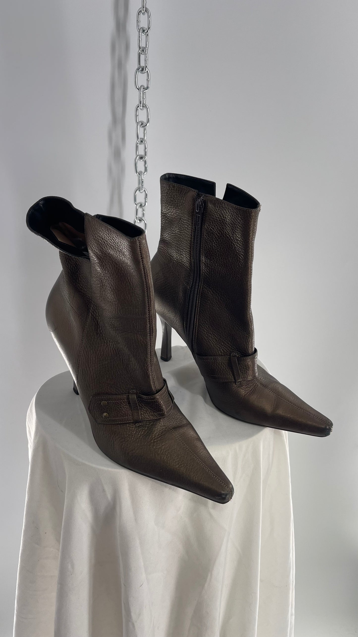 Vintage GIANNI Metallic Bronze Pointed Toe Buckle Strap Boots Made in Brazil (38)