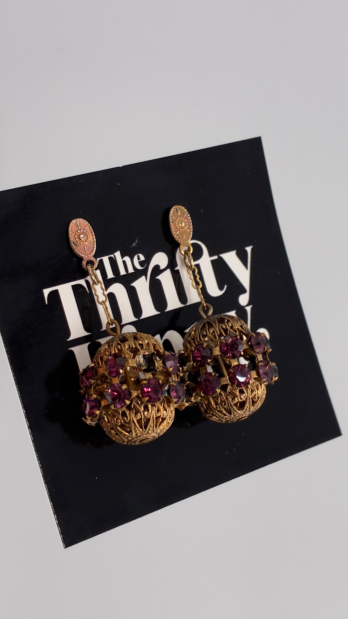Vintage Bronze Ornate Cage Pendant Earrings with Purple Stone Details