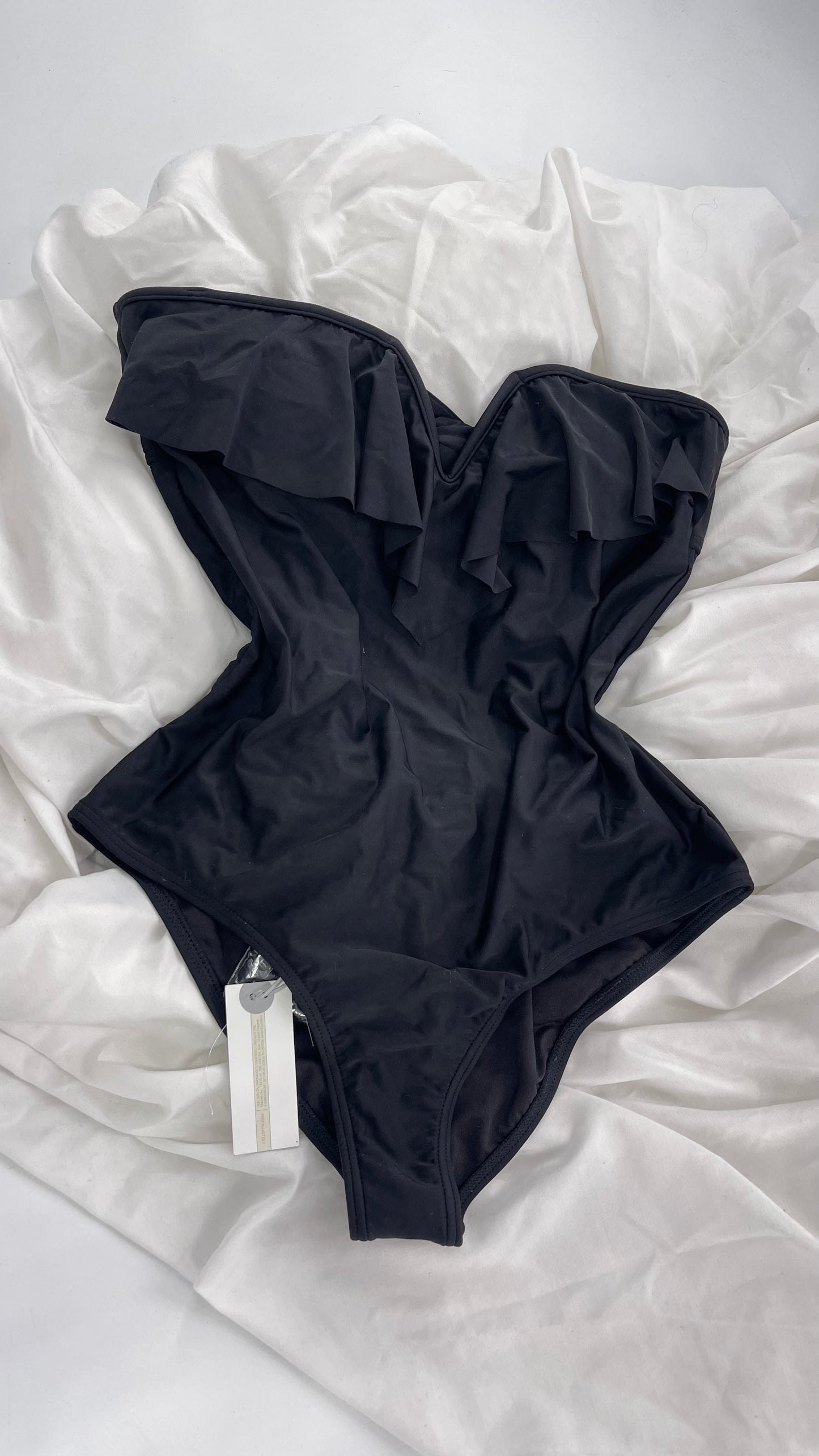 O’Neill Black Swimsuit with Built in Bra with Ruffled Bust, Open Back, Straps and Tags Attached (Large)