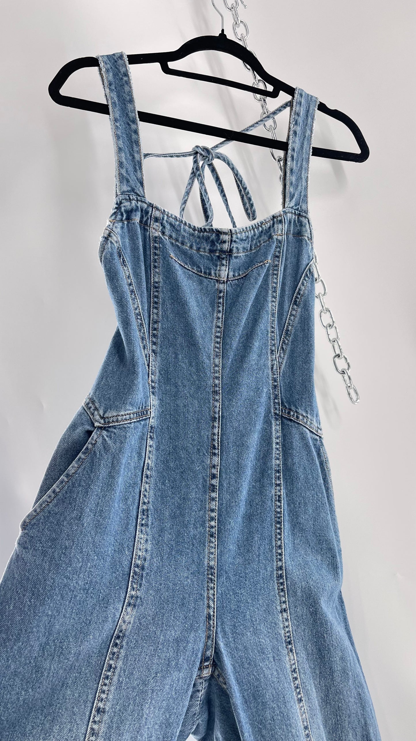 Free People Denim Backless Wide Leg Jumpsuit with Tags Attached (Small)