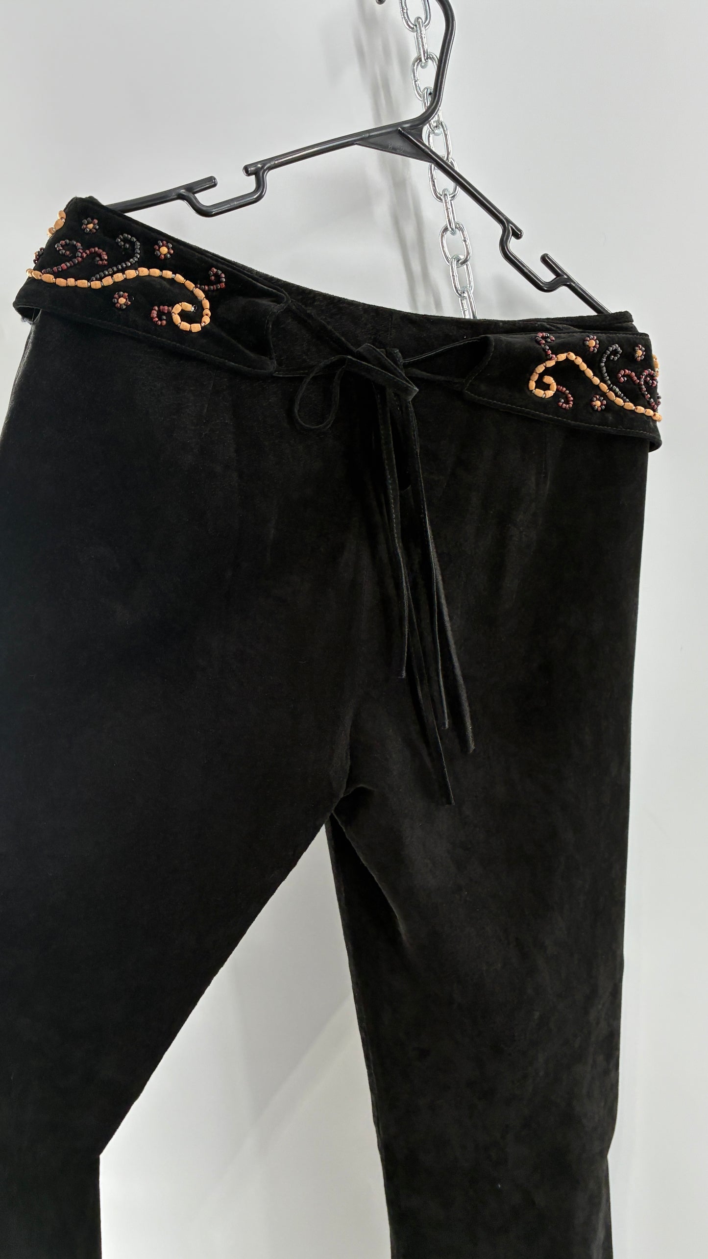 Vintage Margaret Godfrey Black Genuine Suede Leather Kick Flares with Wide Beaded Belt (10)
