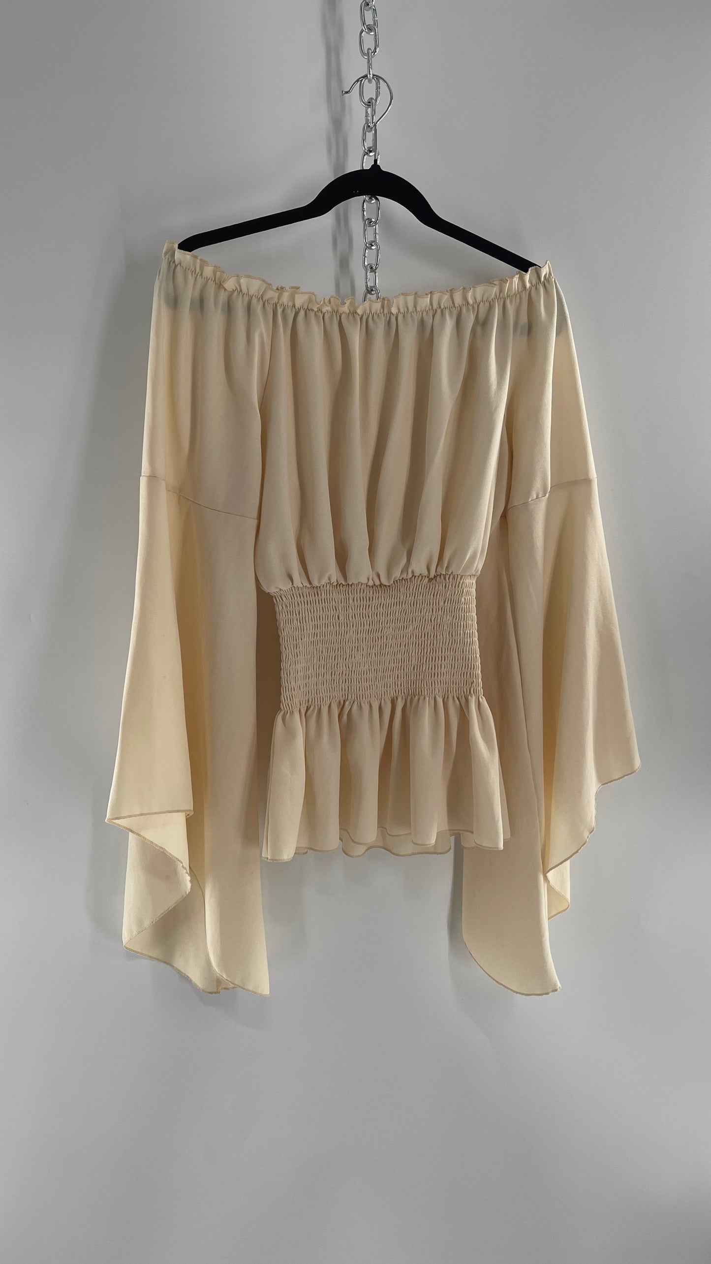 Vintage Off White Smocked Waist Bell Sleeve Wanderlust Blouse(S/M)