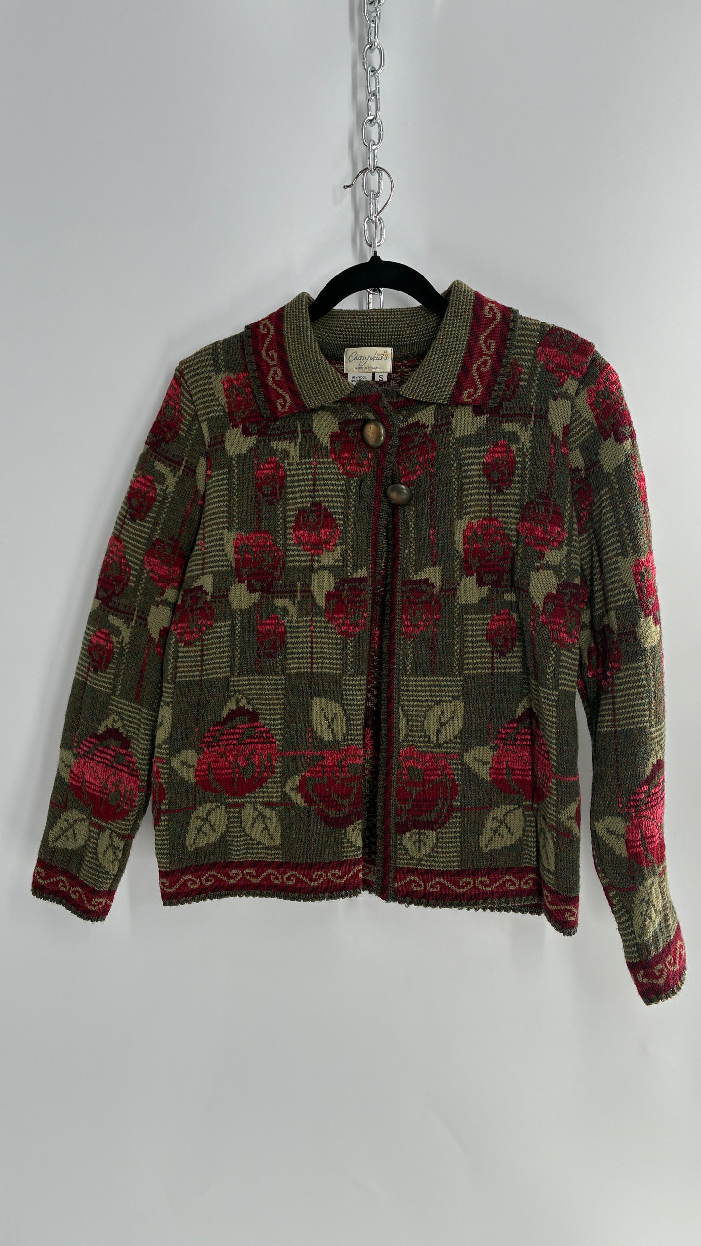 Vintage Cherry Lewis Made in England 81% Wool Thick Knit Sweater Jacket with Rosettes (Small)