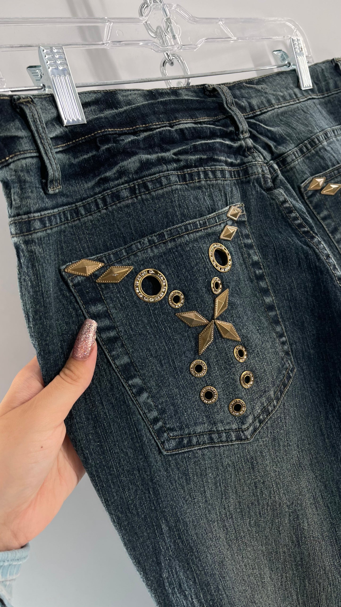 Vintage Blue Pointe Kickflare Medium Wash Jeans with Gold Rhinestone Metal Jewels (13)