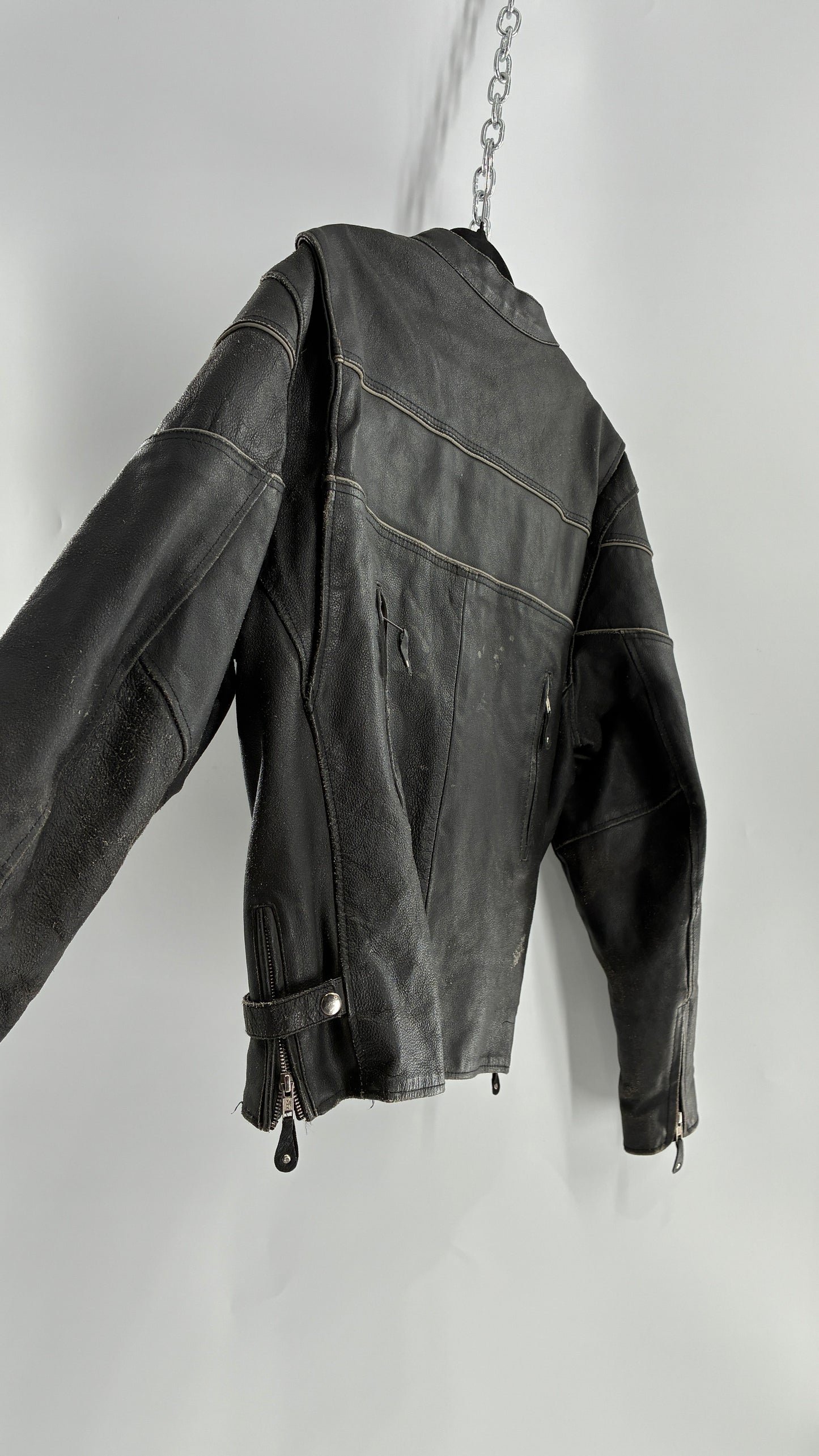 Vintage Distressed Genuine Leather Motorcycle Jacket with Zippered Pockets, Cuffs, and Sides (Large)